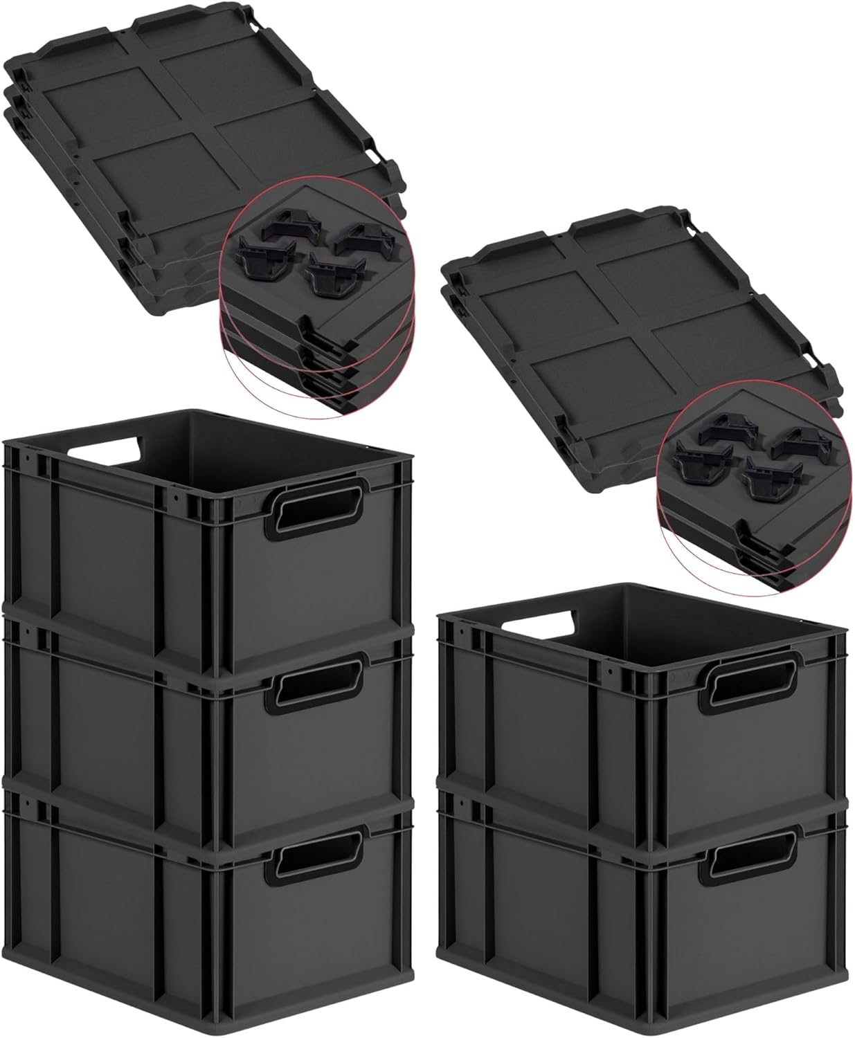 PROREGAL Economy Set of 5 Eurobox NextGen Colour with Lid and Sliding Snap Fasteners, H x W x D 22 x 30 x 40 cm, 20 L, Black, Closed Handles, Euro Container, Transport Box, Transport Container