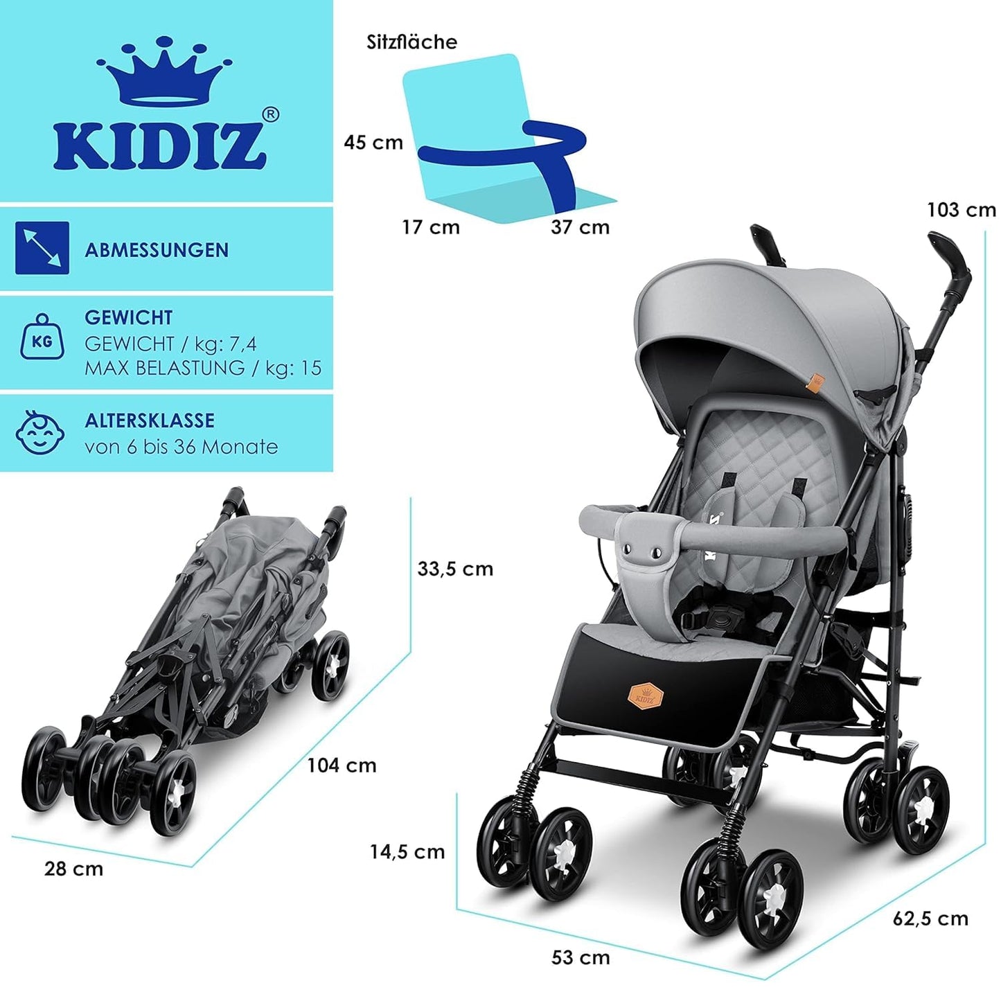 KIDIZ® City-Pro Pushchair Folding Pushchair Pushchair Sports Pushchair Foldable 360° 6 Inch Wheels Includes Mosquito Net, Footmuff and Rain Cover Foldable Sleep Function Blue