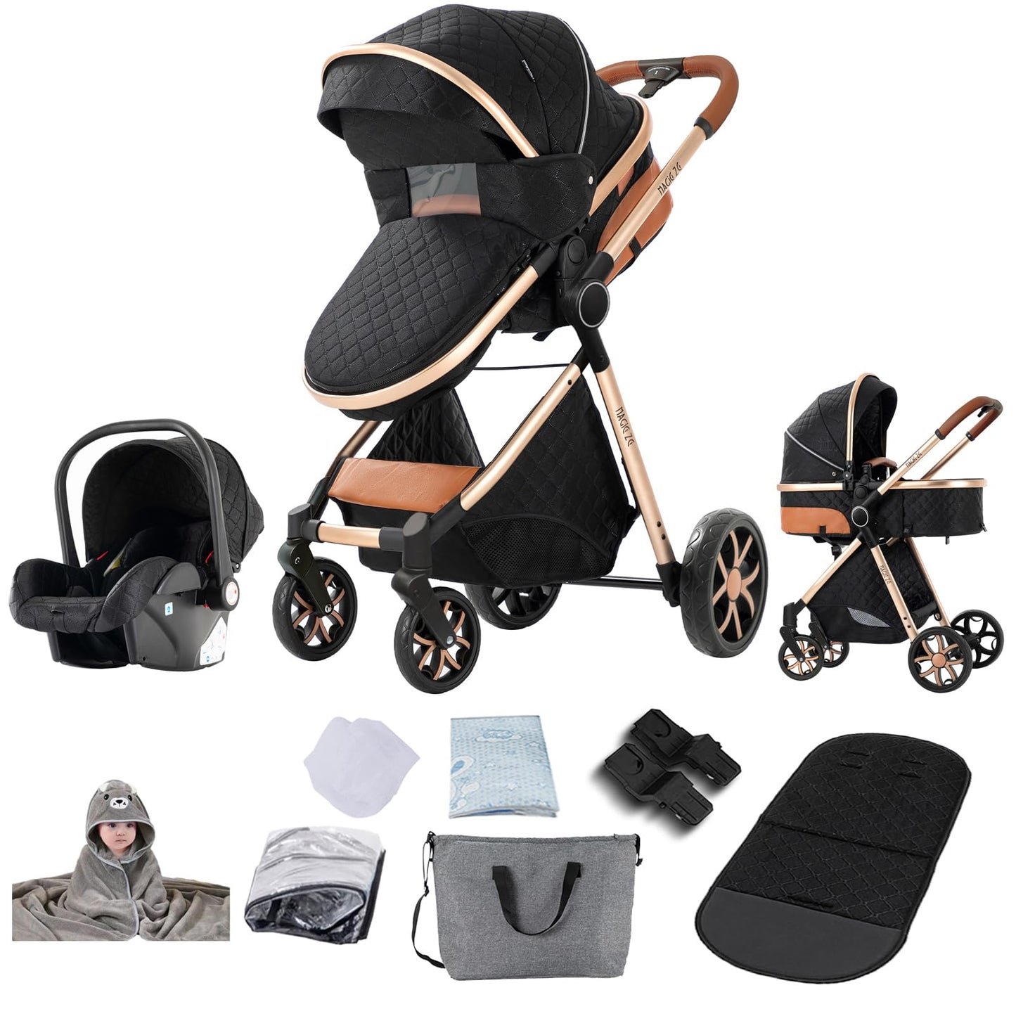 PU Leather Pushchair 3-in-1, Buggy with One-Click Folding Design, Pushchair with Two Reversible Sliding Modes, Combination Pushchair 3-in-1 Complete Set Frame Aluminium Alloy (518 Black)