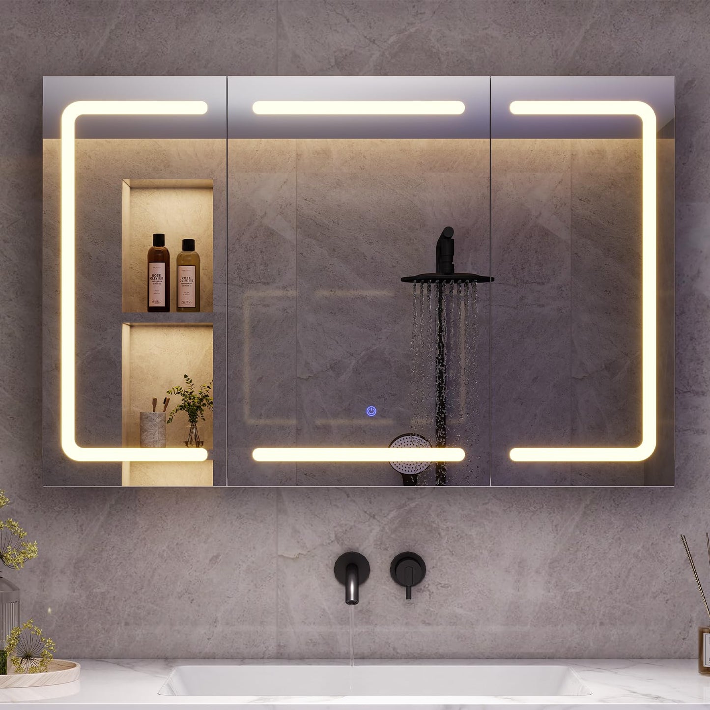 mojiasion Bathroom Mirror Cabinet 100 cm Wide with LED Lighting, Socket & 3 Colour Temperatures Dimmable Bathroom Cabinet with Touch Sensor 60 x 100 x 16 cm (H x W x D) Mirror + 3 Adjustable Shelves
