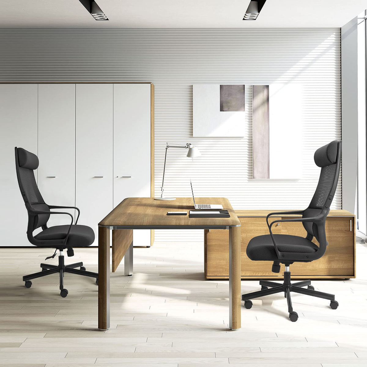 Ergonomic Office Chair with Height Adjustable Headrest, High Back, Lumbar Support, Silent Casters, Heavy Duty Chair for Conference Workspace Area, EN1335 Standard (Grey)
