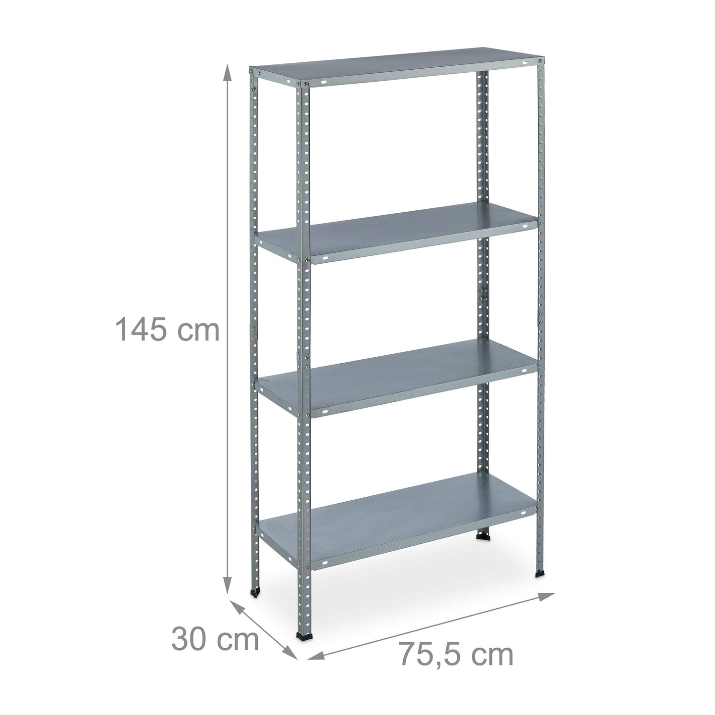 Relaxdays Galvanised Metal Shelving Unit H x W x D: 145 x 75.5 x 30 cm, 4 Shelves, up to 160 kg, for Screwing on, Steel, Storage Shelving Basement, Silver