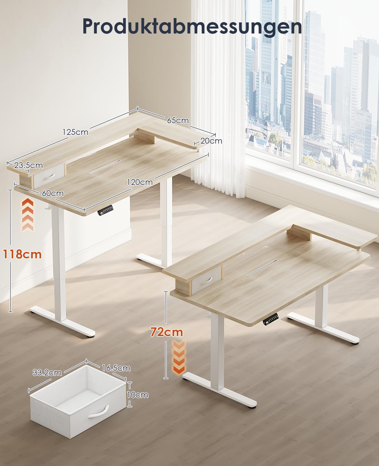 OffiGo Height Adjustable Electric Desk with Drawer and USB, 120 x 60 cm Complete Plate, Ergonomic Standing Seat Table, Computer Desk, Maple