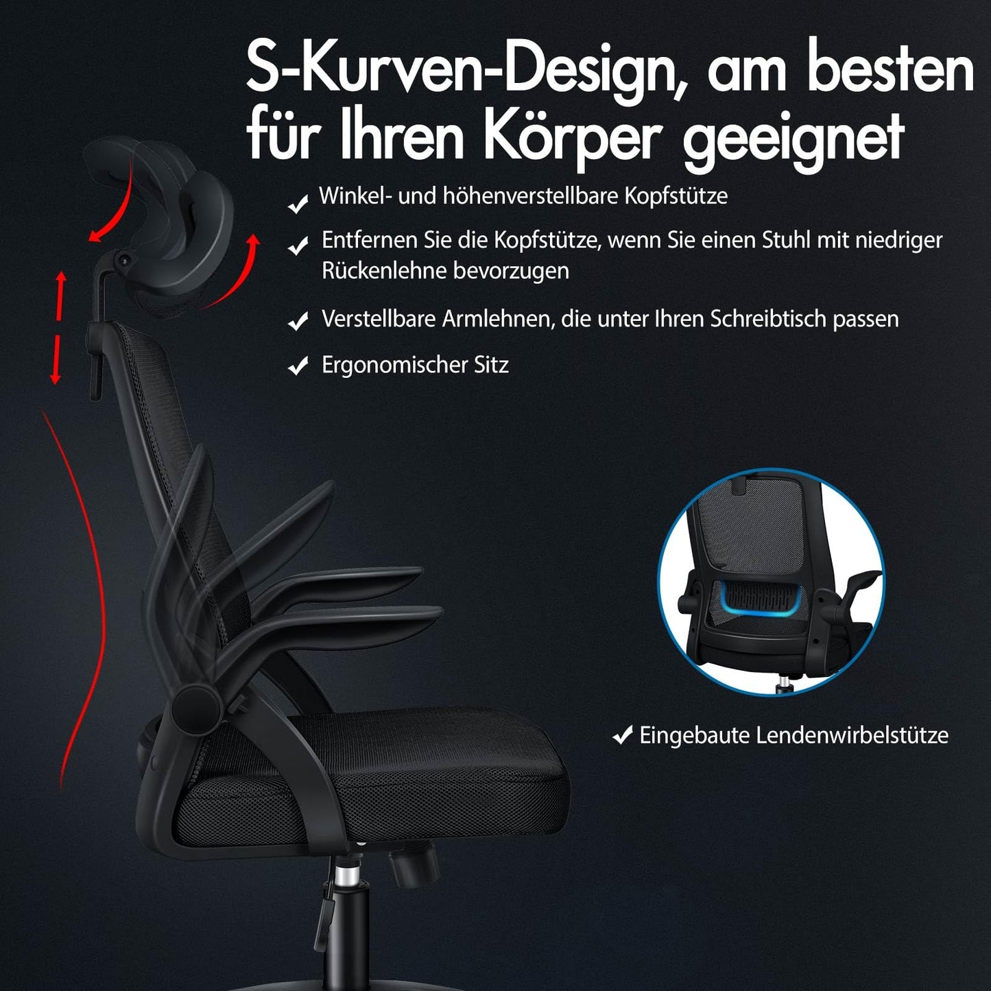 ALFORDSON Ergonomic Office Desk Chair, Computer Chair with Dynamic Lumbar Support, Tilting Swivel Chair with Flip Up Armrest, Black