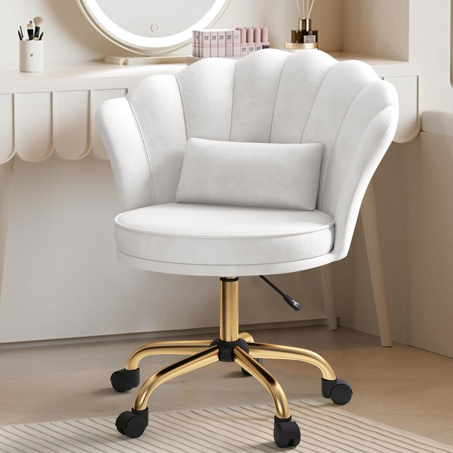 Home Office Chair, Dressing Chair, Velvet Chair, Petal Backrest, 360° Rotatable, Height-Adjustable, Ergonomic Office Chair, for Study, Bedroom, Maximum Load 120 kg, Beige