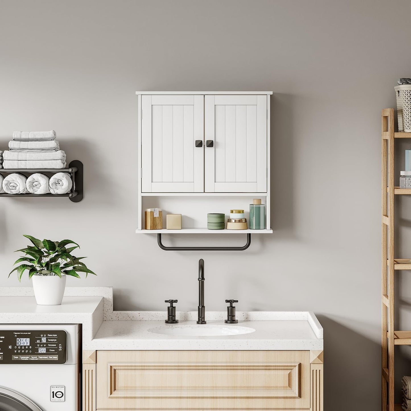 RRX Bathroom Cabinet, Wall Cabinet with Towel Rail, 56 x 13 x 65 cm, Storage Cabinet Over the Toilet with 2 Doors and Adjustable Shelf, White Wall Cabinet for Bathroom, Laundry Room (White)