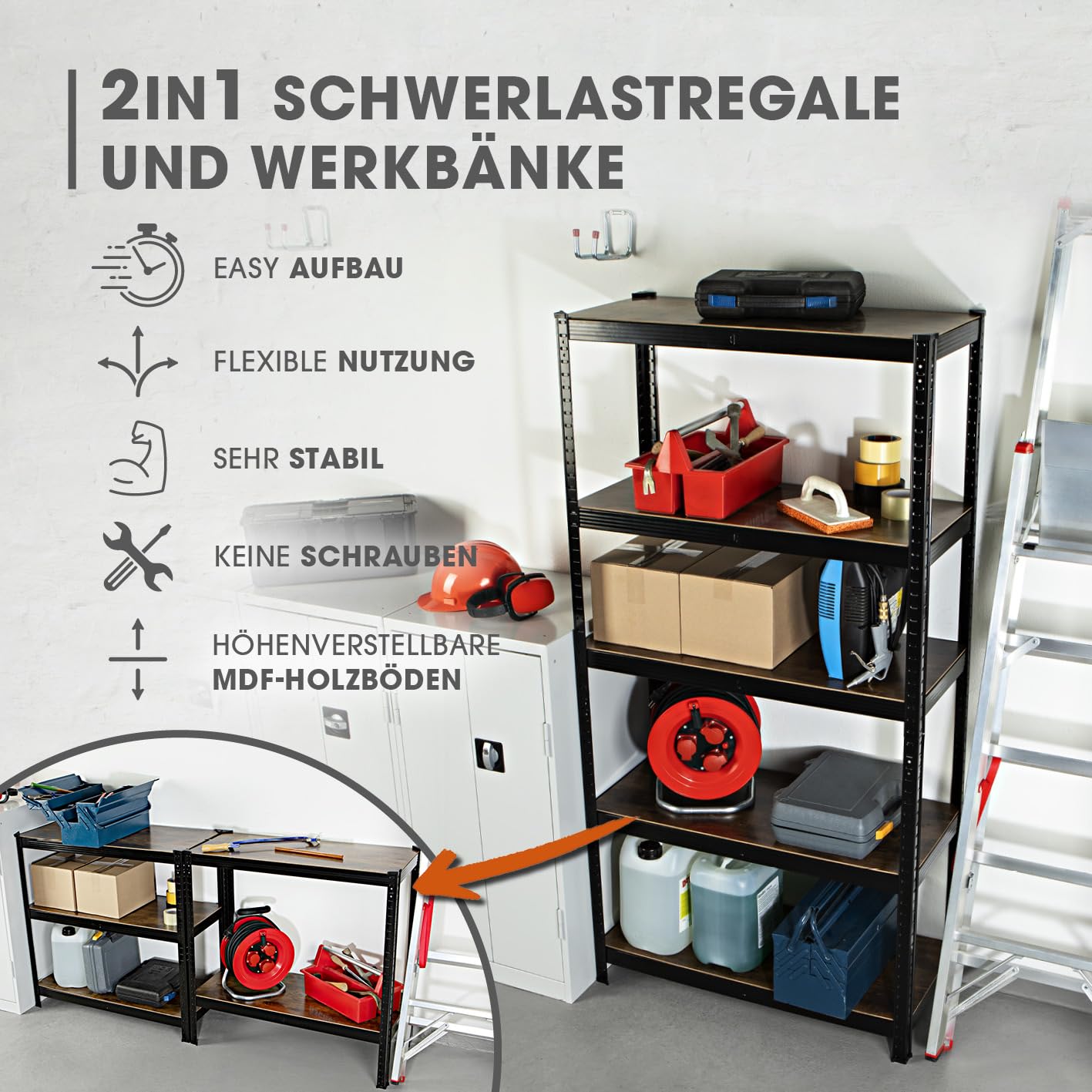 EASYmaxx Industrial Design Standing Shelf, 180 x 90 x 40 cm, Bookcase with 875 kg Load Capacity, Storage Shelf, 175 kg/Level, Stylish Shelf, 5 Adjustable Shelves for More Order in Living Room, Kitchen