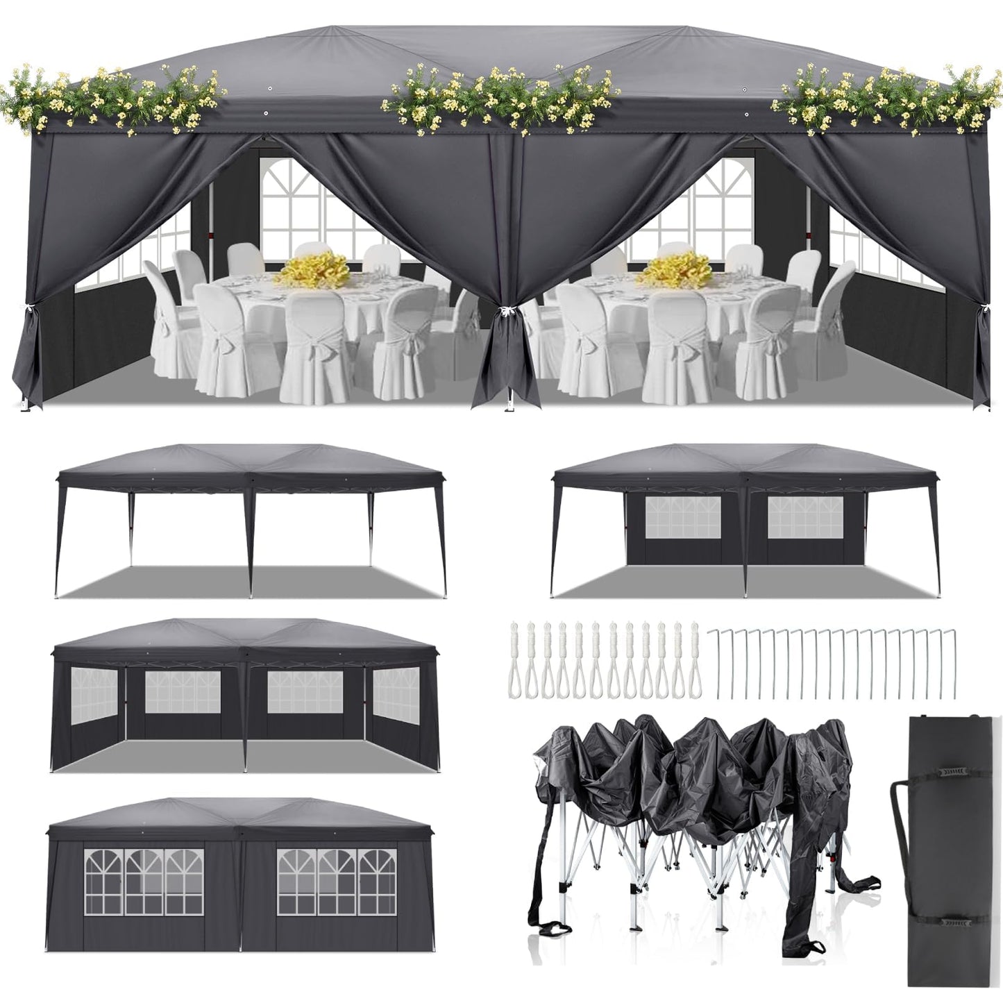 LEADZM Gazebo, Folding Gazebo, 3 x 6 m, Pop-Up, Waterproof, Winterproof, Height Adjustable, UV Protection 50+, Garden Tent, Party Tent, Steel Frame, with 6 Side Panels, for Garden, Party, Camping,