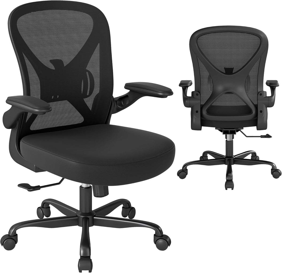 ZZH Ergonomic Desk Chair, Mesh Office Chair with Adjustable Lumbar Support & Folding Armrests, Breathable Computer Chair for Home Office with 360° Rotation & Height Adjustment, Black