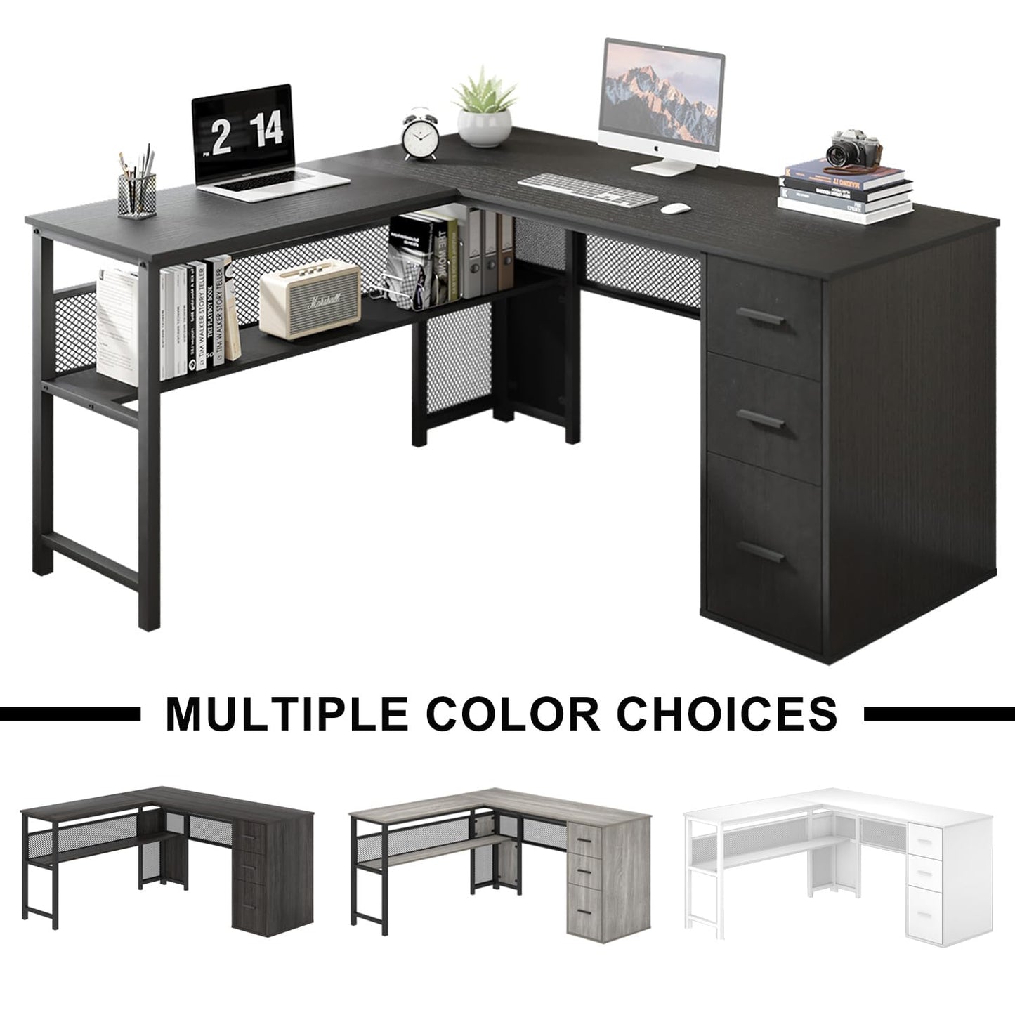 LVB White L Shaped Corner Desk with Drawers, Reversible Modern L Shaped Computer Desk with Storage Cabinets, Large L Shaped Wooden L Shaped Desk Metal L Shape