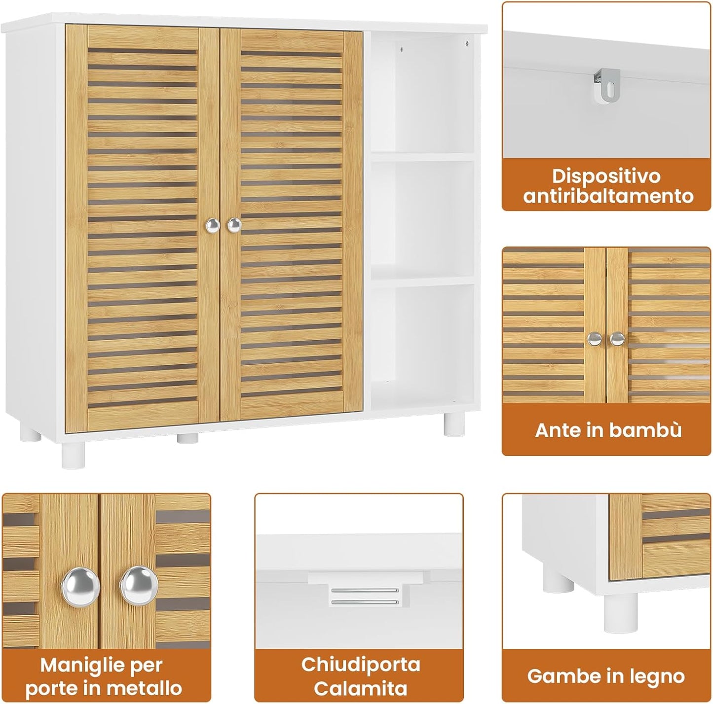 FORABAMB Bathroom Cabinet, Floor Cabinet, Bathroom Cabinet with Double Doors Made of Bamboo, 3 Open Compartments, Freestanding Side Cabinet for Bathroom, Living Room and Kitchen, 77 x 30 x 80 cm