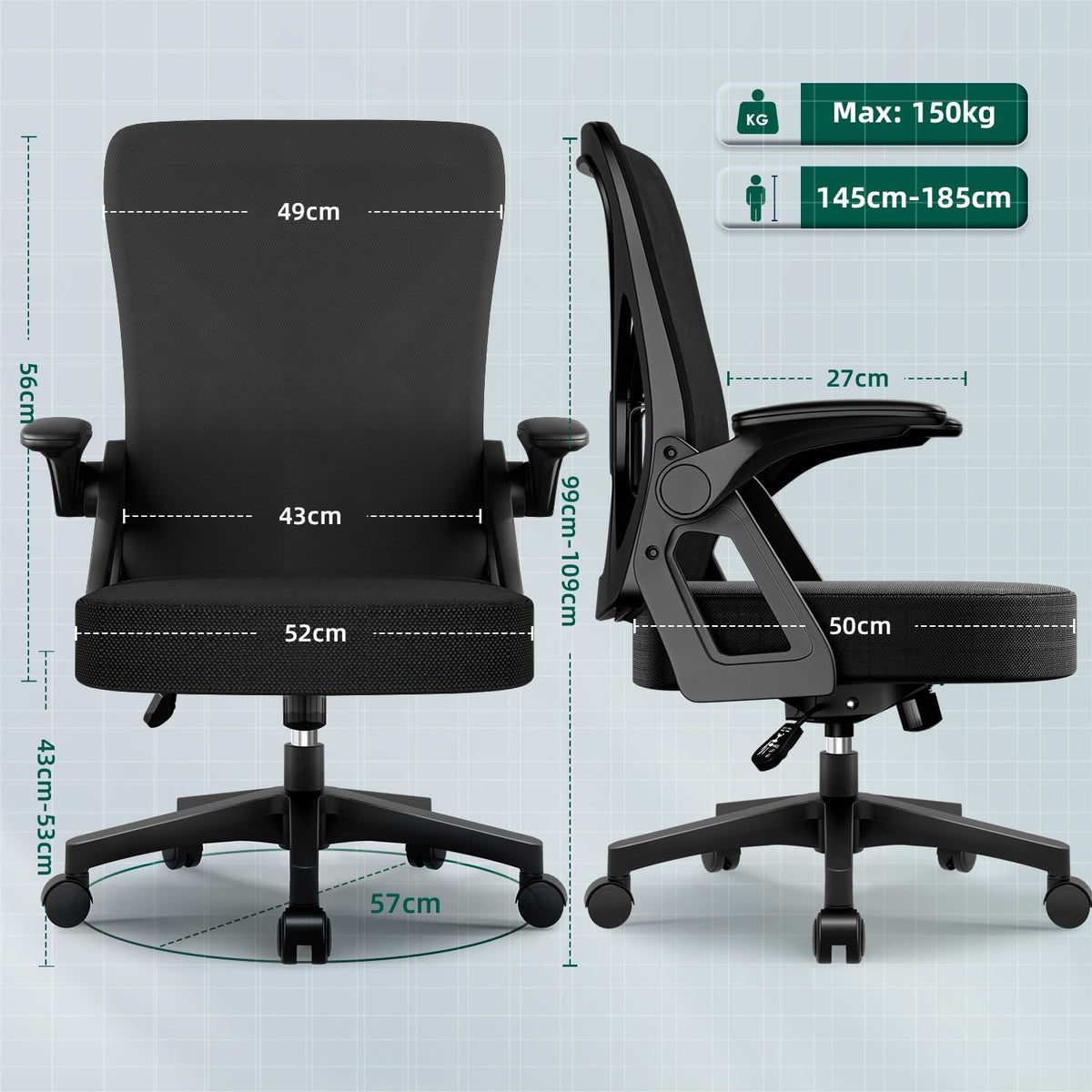 Airchros Ergonomic Office Chair, Desk Chair with Folding Armrests, Adjustable Lumbar Support, Height-Adjustable Executive Chair, Swivel Chair, Mesh Chair with Rocker Function up to 125°, Black
