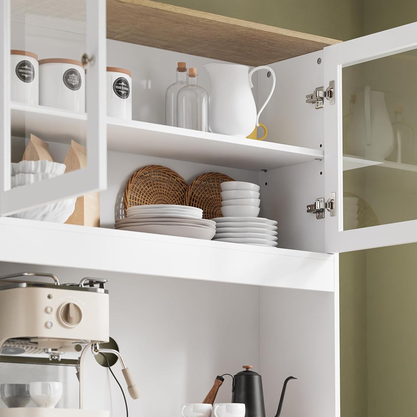 SoBuy FSB101-W Tall Cabinet with Glass Doors and Tilting Compartment, Kitchen Cabinet with Microwave Compartment, Sideboard Chest of Drawers with Doors and Drawers for Kitchen, Living Room & Storage