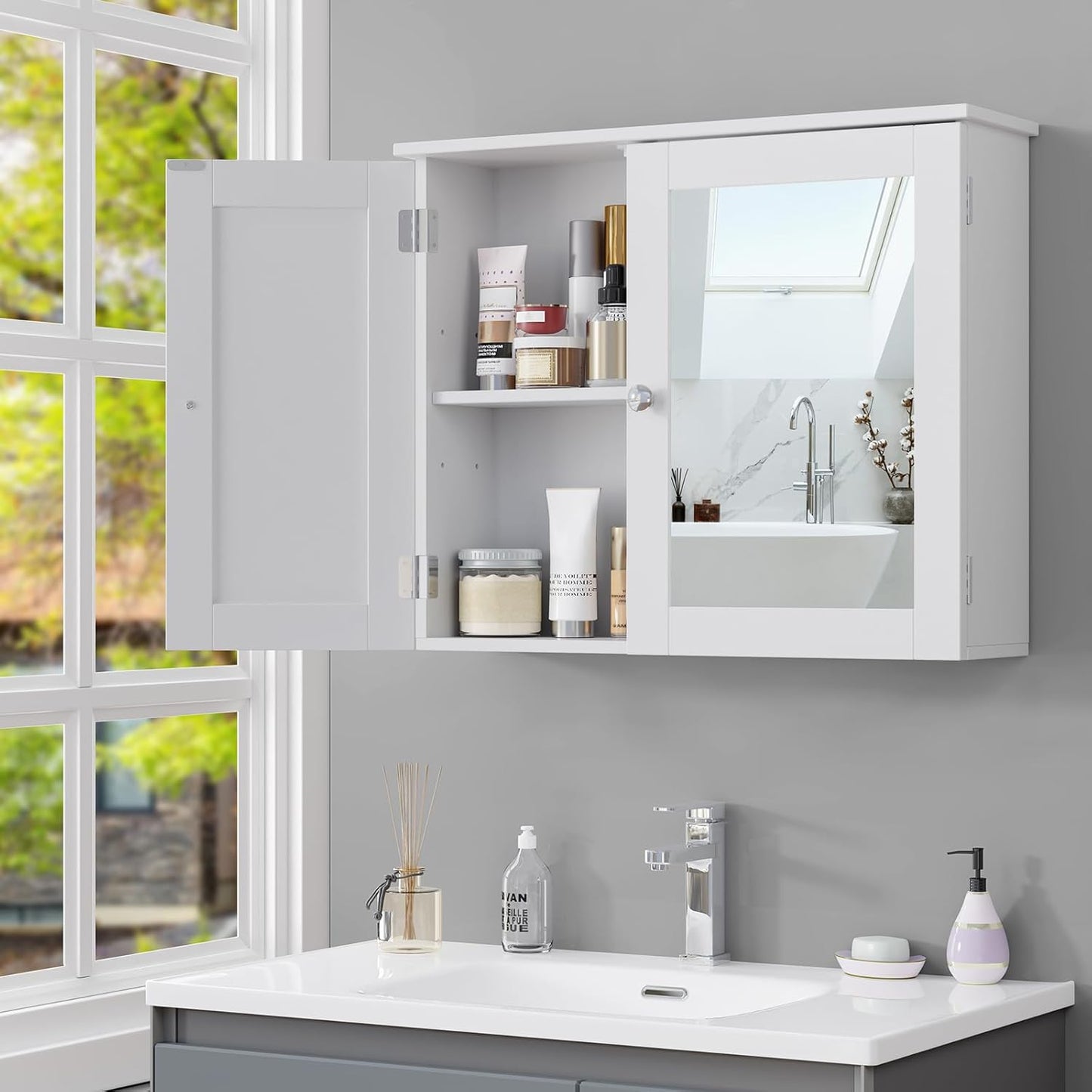 RRX Bathroom Storage Cabinet, Wall Cabinet with Mirror, Wall Cabinet for Bathroom, Adjustable Shelf, 2 Doors Over the Toilet, 16.5 x 60 x 49 cm (L x W x H)