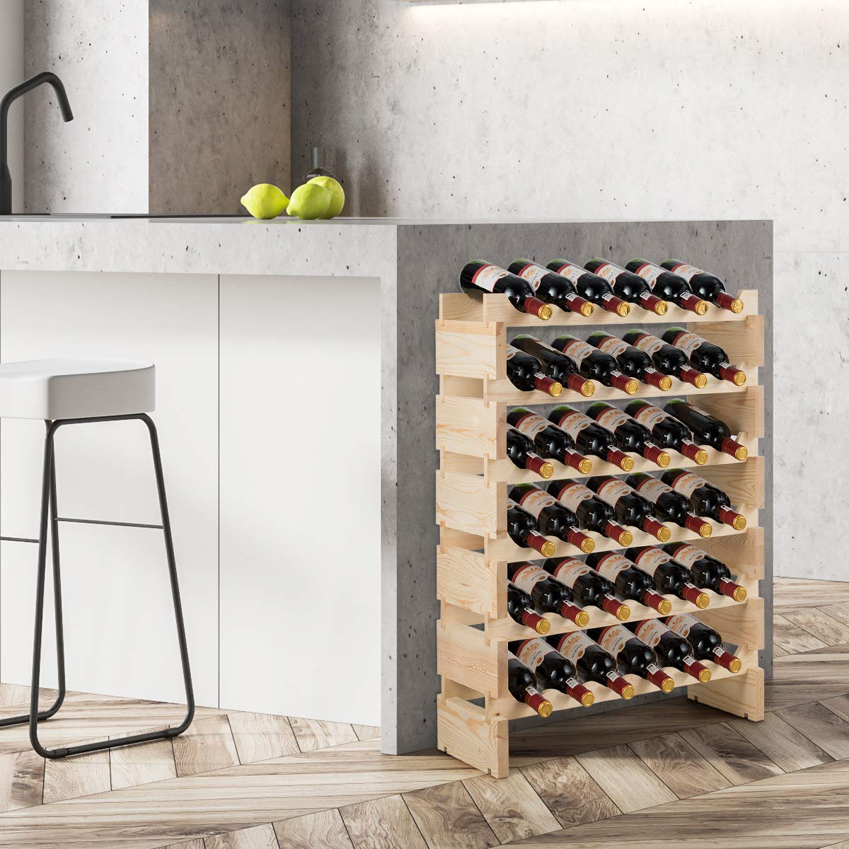 COSTWAY Wine Rack Wood Stackable Bottle Rack for 72 Bottles, Wine Rack with 6 Levels, Wooden Shelf, Bottle Stand for Kitchen, Dining Room, Bar, Basement, 119 x 29 x 72 cm