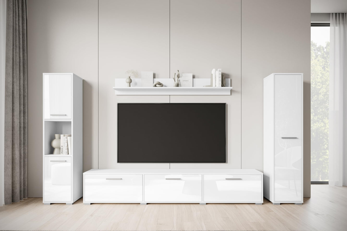 MINIO go for it - Living Room Wall Unit 4-Piece Toga, Living Room Furniture Set, 1 x TV Lowboard, 2 x Tall Cabinet, 1 x Wall Board, Living Room Furniture Complete, Living Room Set - Colour Wotan Oak