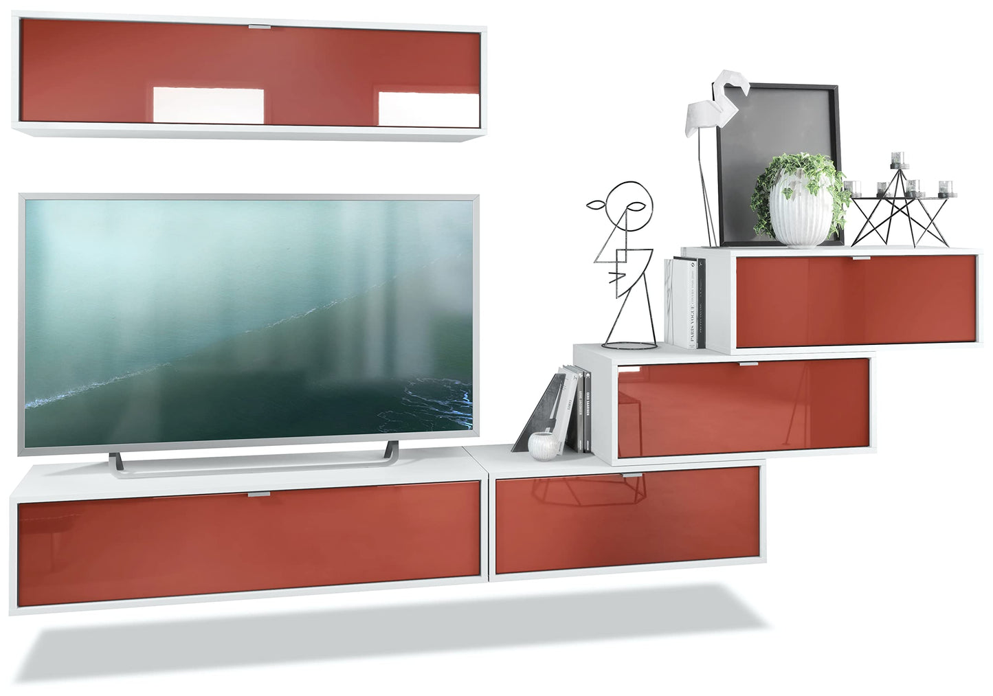 Vladon Lana V1 Wall Unit Made of 5 Hanging Elements with 12 Compartments, Made in Germany, Body in Matte White, Fronts in Bordeaux High Gloss, Large Choice of Colours