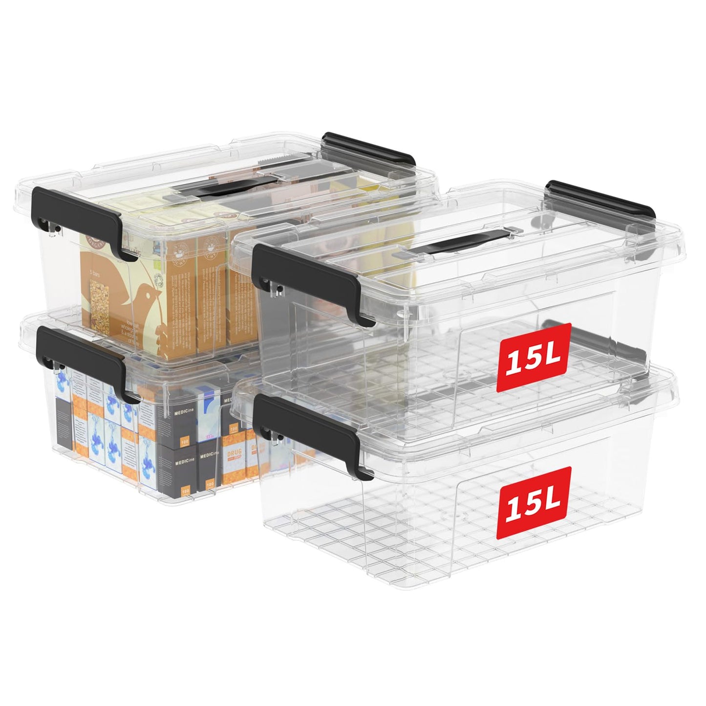 Cetomo 45 L x 3 Storage Boxes, Portable Plastic Boxes with Lids, Organiser Container with Handle and Clips, Stackable, Nestable, for Home and Office, Transparent, 45 L, Pack of 3