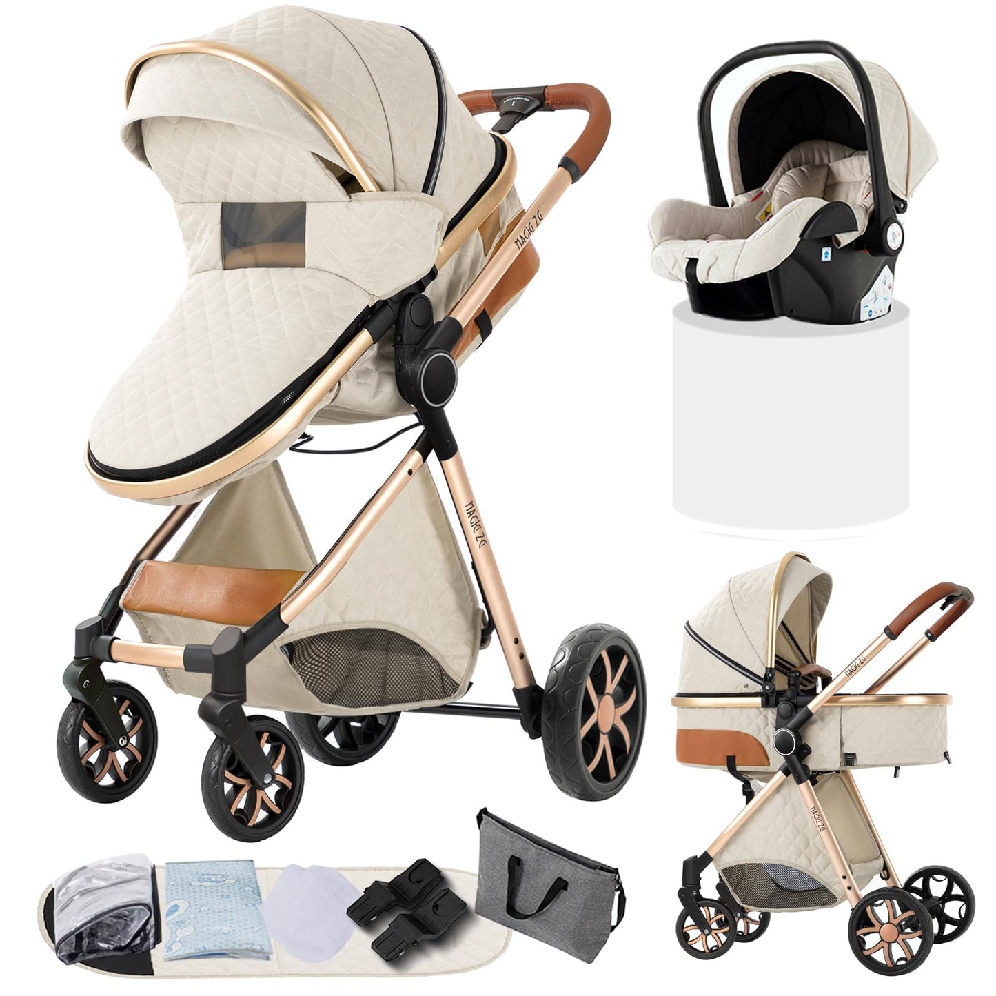 Doraystar 360° Rotation PU Leather Pushchair 3-in-1 Combination Pushchair 3-in-1 with Two Reversible Sliding Modes, Pushchair Complete Set with One-Click Folding Design, Aluminium Alloy Frame (906