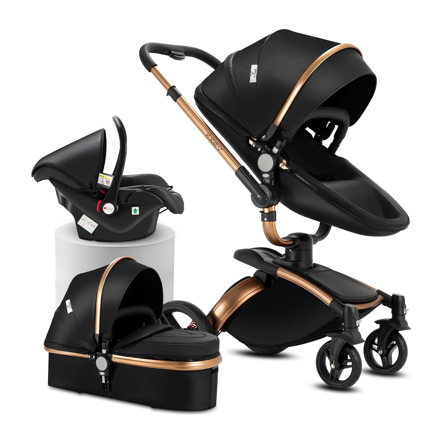 PU Leather Pushchair 3-in-1, Buggy with One-Click Folding Design, Pushchair with Two Reversible Sliding Modes, Combination Pushchair 3-in-1 Complete Set Frame Aluminium Alloy (518 Black)