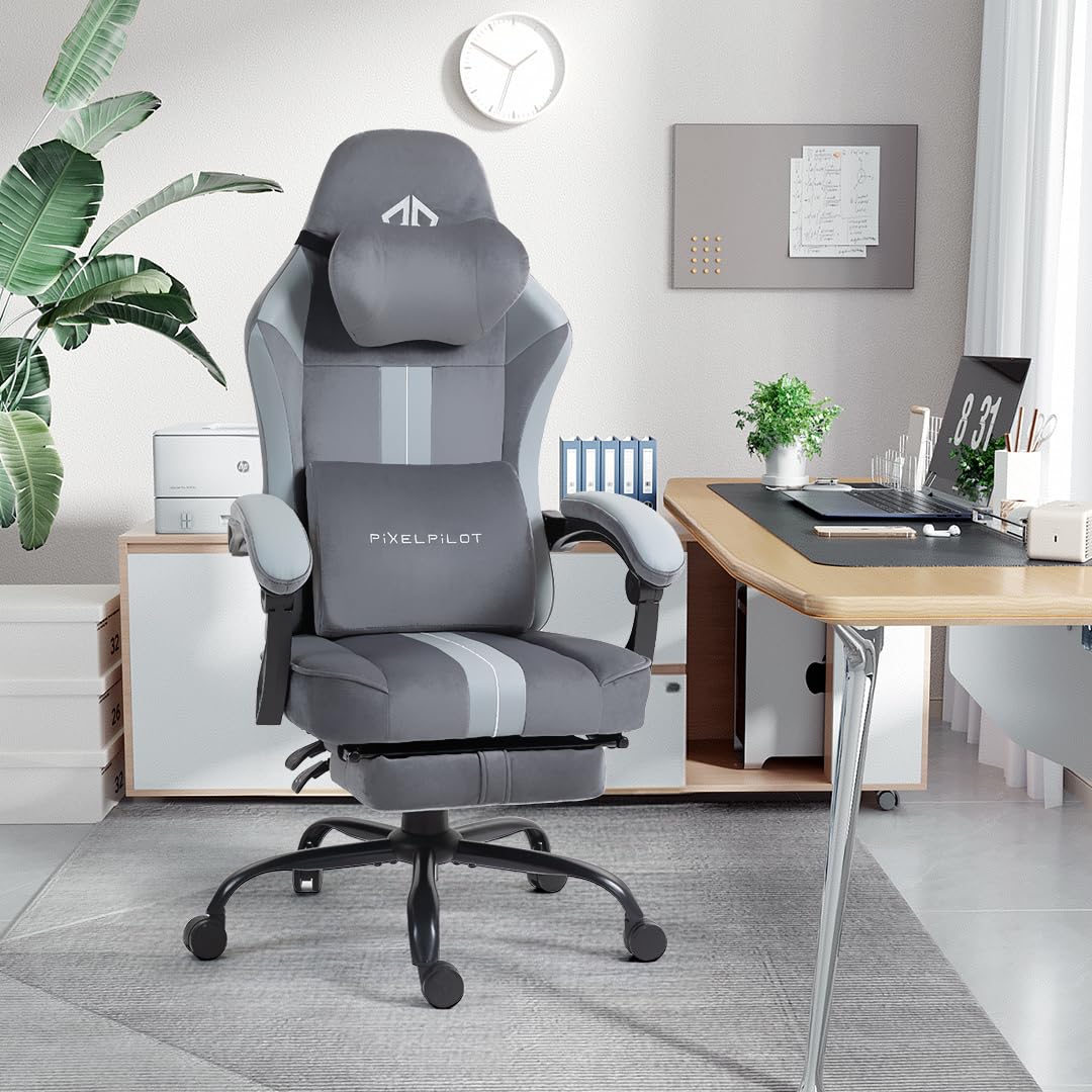 PixelPilot Ergonomic Gaming Chair [Breathable Fabric] Gaming Chair with Footrest, Head and Lumbar Support, Gamer PC Chair Wide Seat, Office Chair 150 kg Load Capacity (Nebula I, Grey)