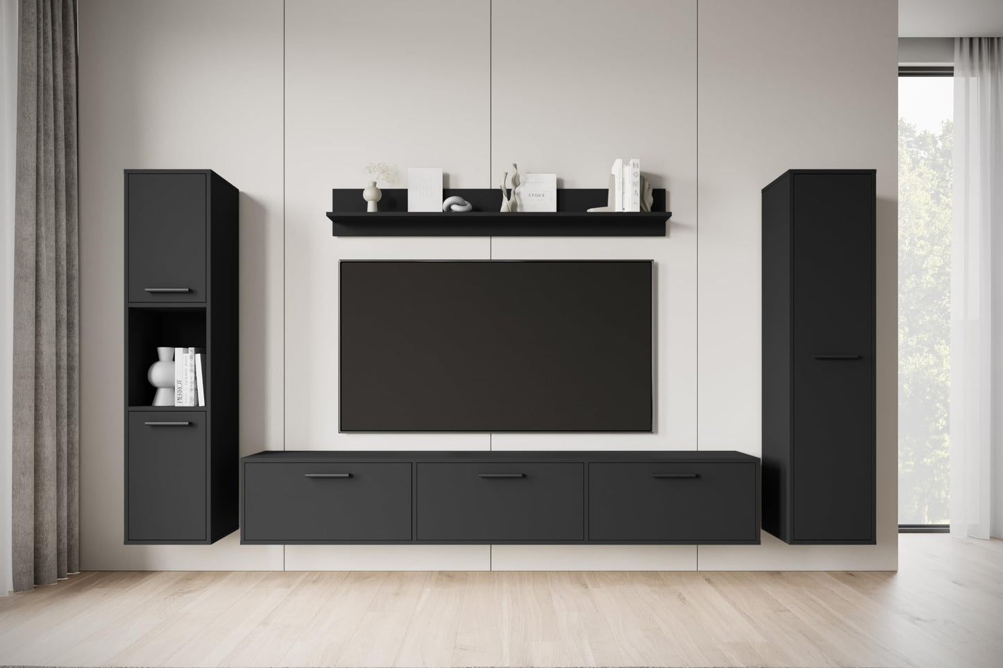 MINIO go for it - Living Room Wall Unit 4-Piece Toga, Living Room Furniture Set, 1 x TV Lowboard, 2 x Tall Cabinet, 1 x Wall Board, Living Room Furniture Complete, Living Room Set - Colour Wotan Oak
