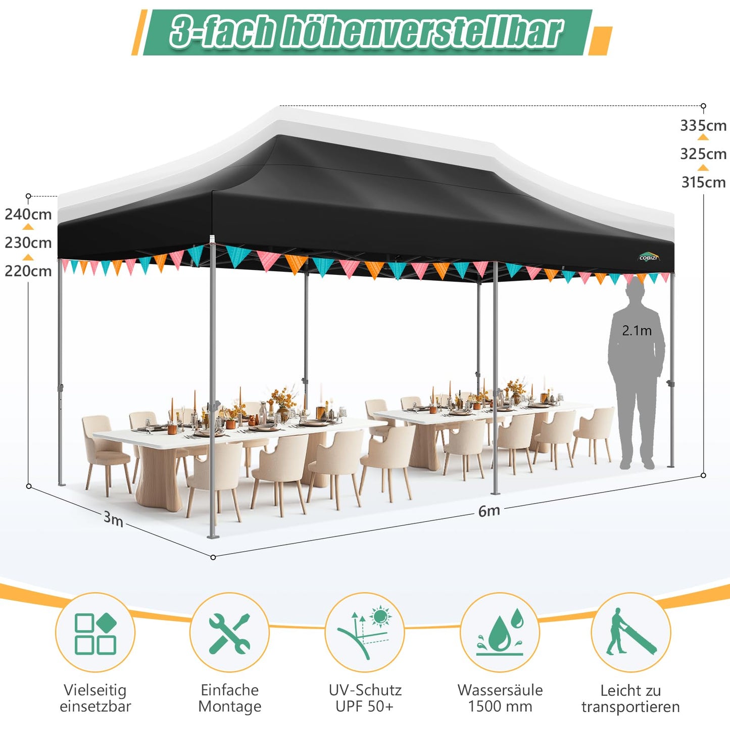 COBIZI Pavillon Faltpavillon 3x3 wasserdicht stabil Winterfest,Outdoor faltbar partyzelt，gartenpavillon mit 4 Seitenteilen und 4 Sandsack und Laufradtasche, Schwarz