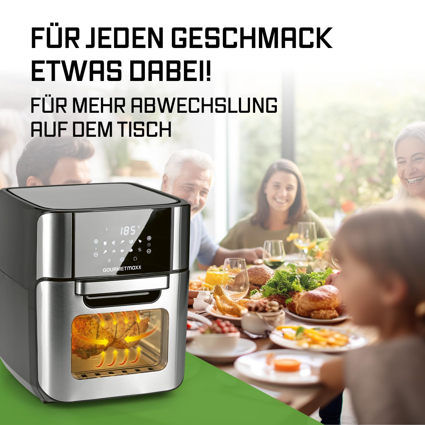 GOURMETmaxx Digitale Heißluftfritteuse 12 L, XXL-Edelstahl-Ofen | Airfryer + Timer, Touchdisplay, Drehspieß | fettarm, energiesparend frittieren | 10 Programme inkl. Pizza | 1800 W