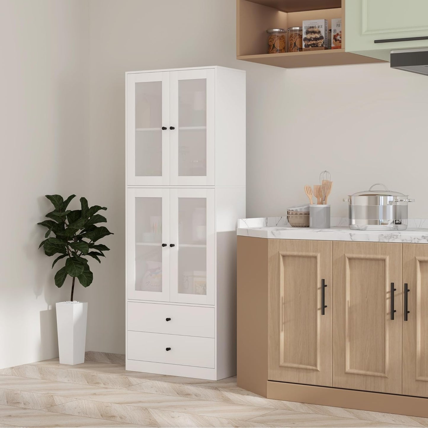 HOMCOM Kitchen Cabinet Display Cabinet with Worktop, 2 Drawers, Tall Cabinet with 4 Glass Doors, Buffet Cabinet with Adjustable Shelves, 59 x 30 x 170 cm, White