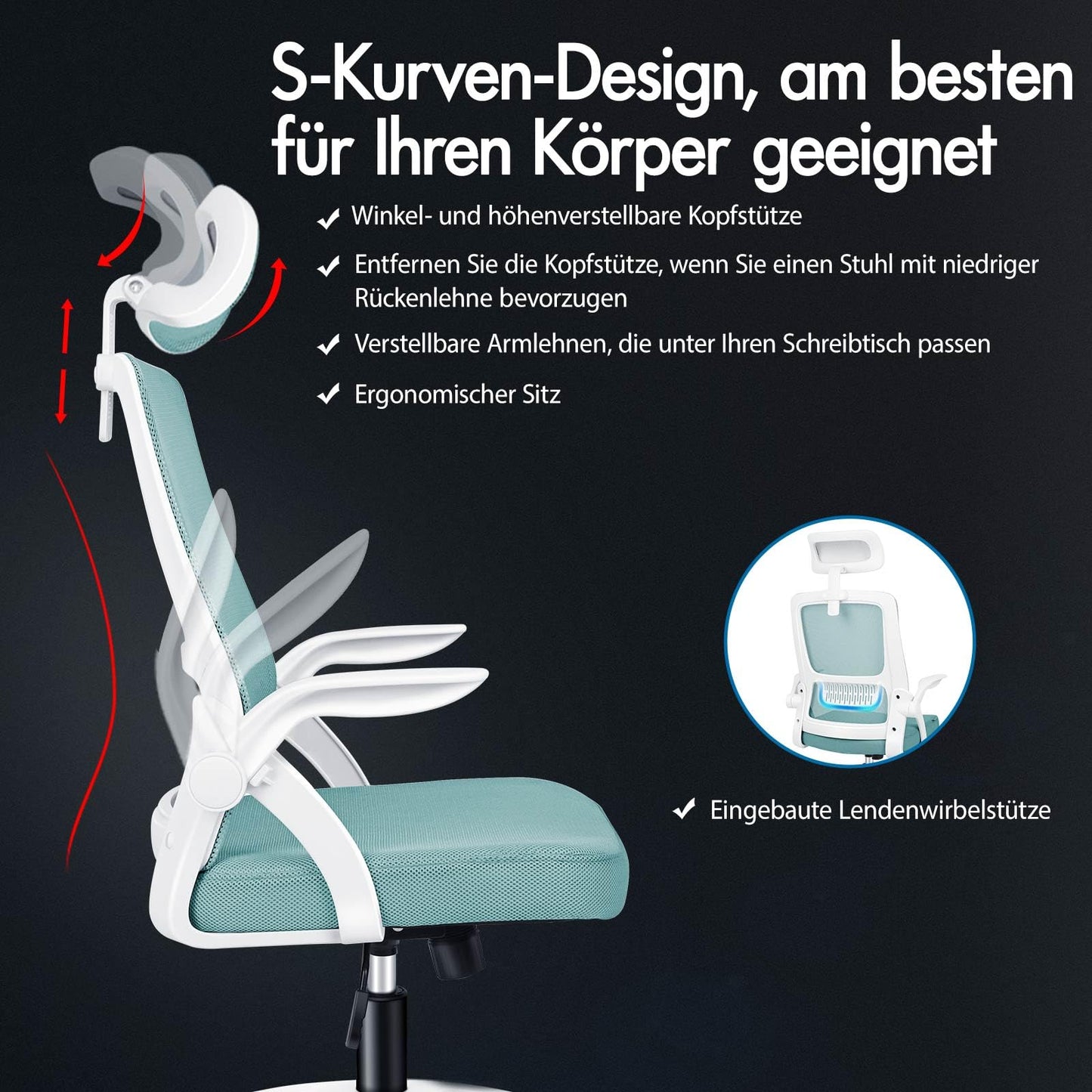 ALFORDSON Ergonomic Office Desk Chair, Computer Chair with Dynamic Lumbar Support, Tilting Swivel Chair with Flip Up Armrest, Black