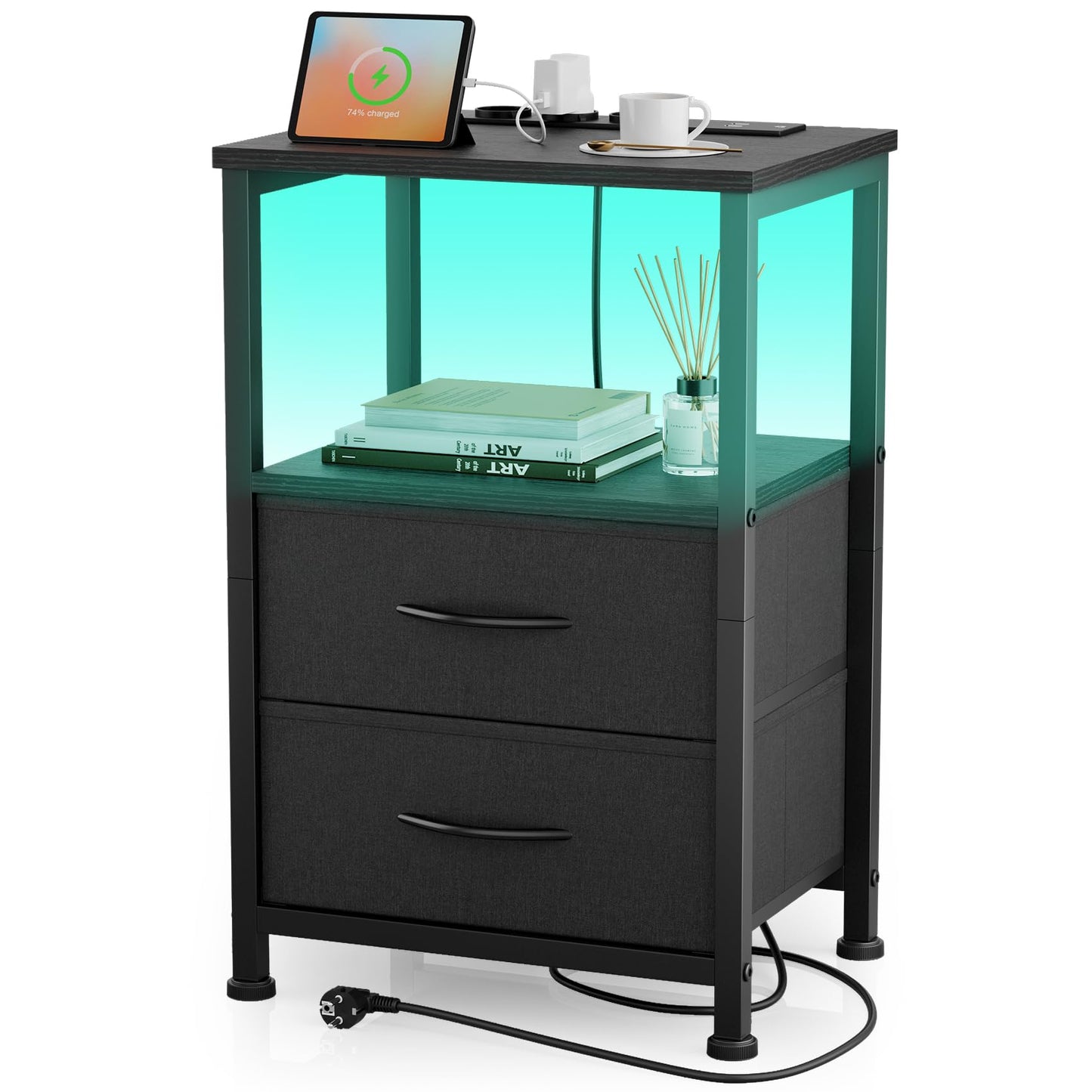 Bedside Table with LED & Charging Function, Side Table with Drawer, Bedside Tables with 3 AC Ports & 2 USB Ports, Side Tables for Living Room, Bedroom, White