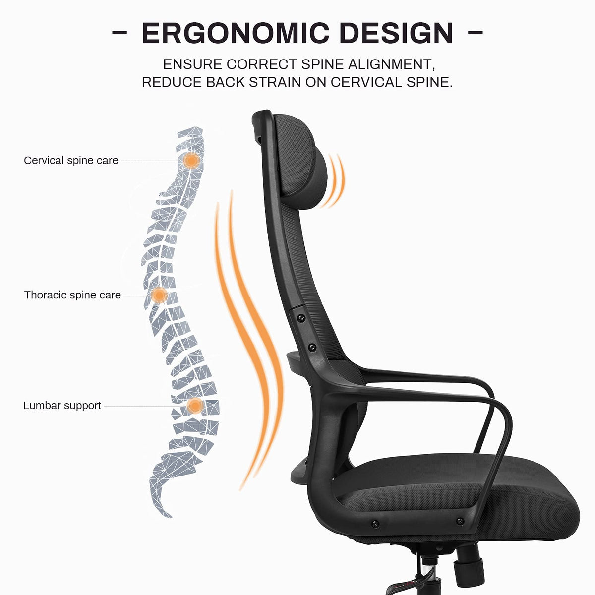 Ergonomic Office Chair with Height Adjustable Headrest, High Back, Lumbar Support, Silent Casters, Heavy Duty Chair for Conference Workspace Area, EN1335 Standard (Grey)