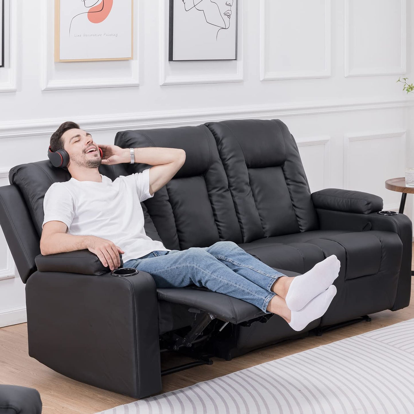 COMHOMA Relaxsessel-Set, Sofa, Sofa-Set aus Kunstleder, Fernsehsessel Ruhesessel Liegesessel mit Liege-Funktion Polstersessel Schlafsessel für Wohnzimmer Schlafzimmer Heimkino,Schwarz, 3+2+1