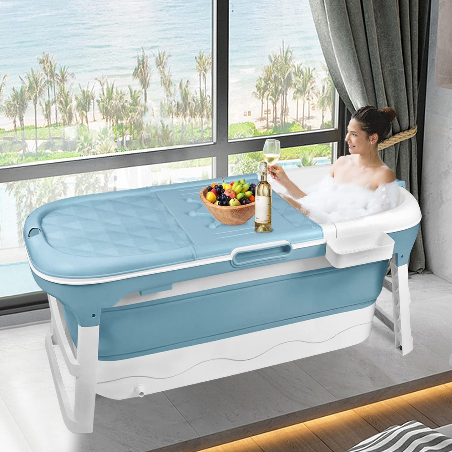 LARS360 Foldable Bathtub, Adult, Travel Bathtub, Folding Bathtub with Removable Cover, Soap Basket, Massage Rollers, Mobile Bathtub for Small Bathroom (118 x 62 x 53 cm)
