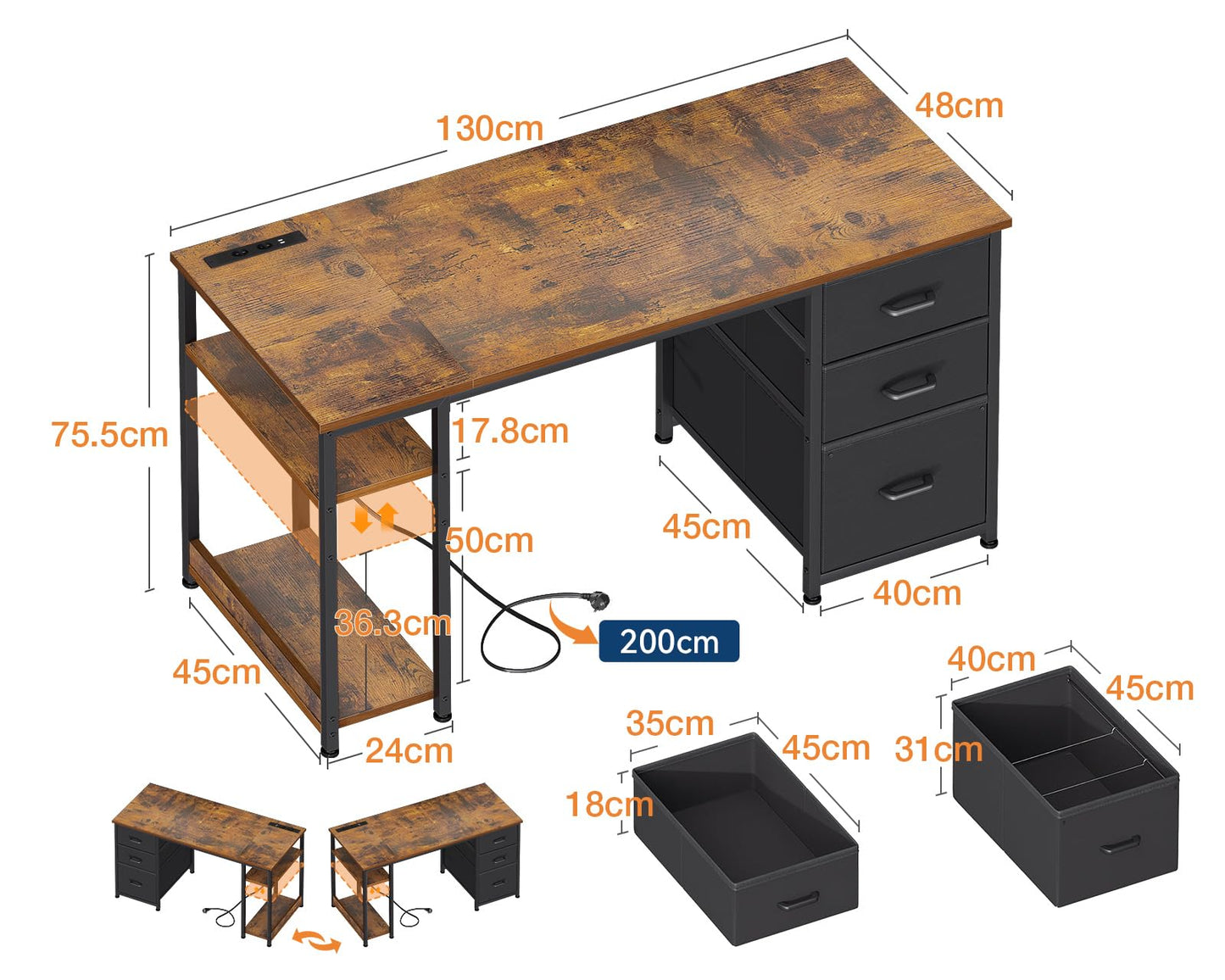 Coleshome Fabric Desk with 3 Drawers, 130 x 48 cm Computer Desk with 2 Sockets and 2 USB Charging Ports, PC Table with Shelf, Reversible Office Table for Office, Living Room, White