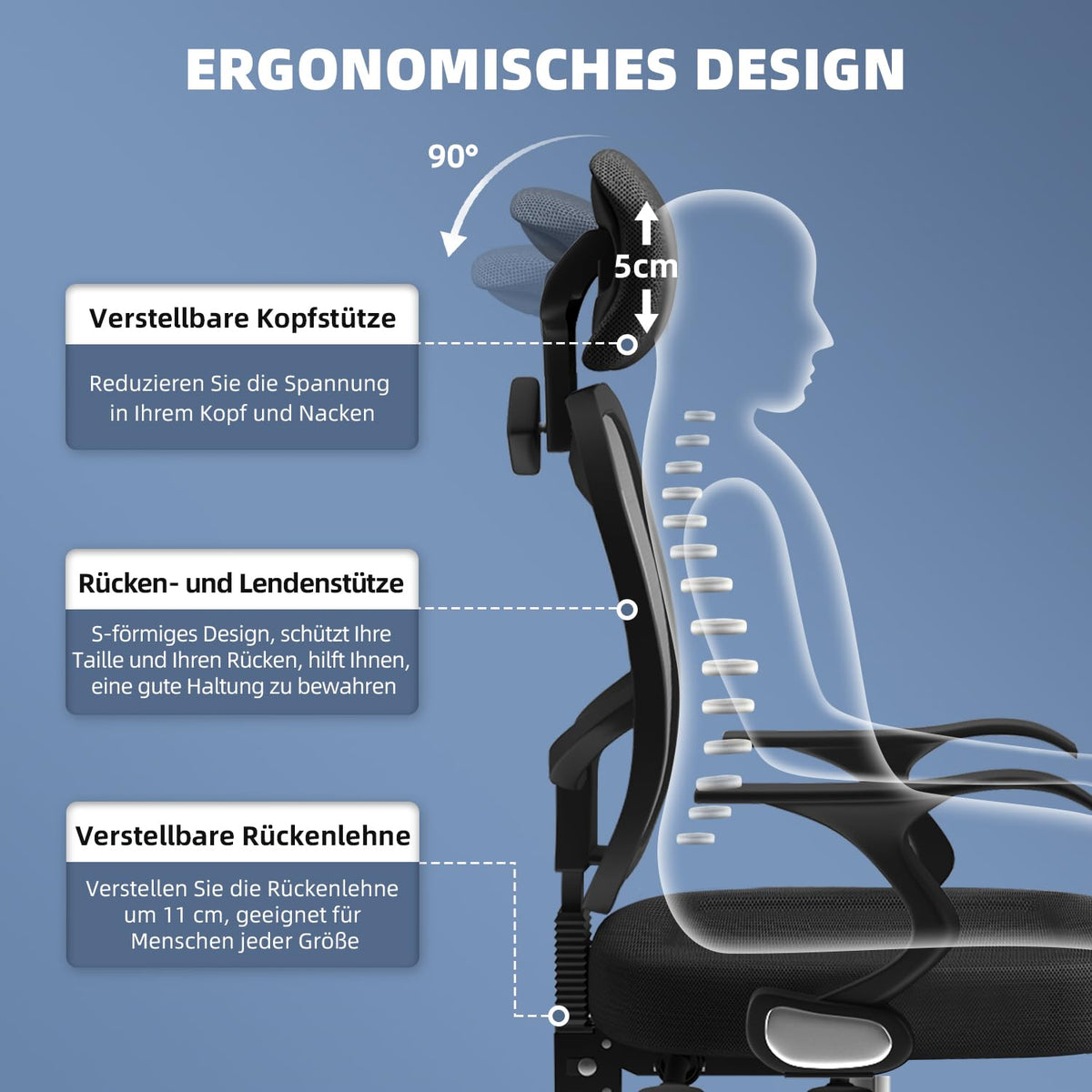 Airchros Ergonomic Office Chair, Desk Chair with Folding Armrests, Adjustable Lumbar Support, Height-Adjustable Executive Chair, Swivel Chair, Mesh Chair with Rocker Function up to 125°, Black