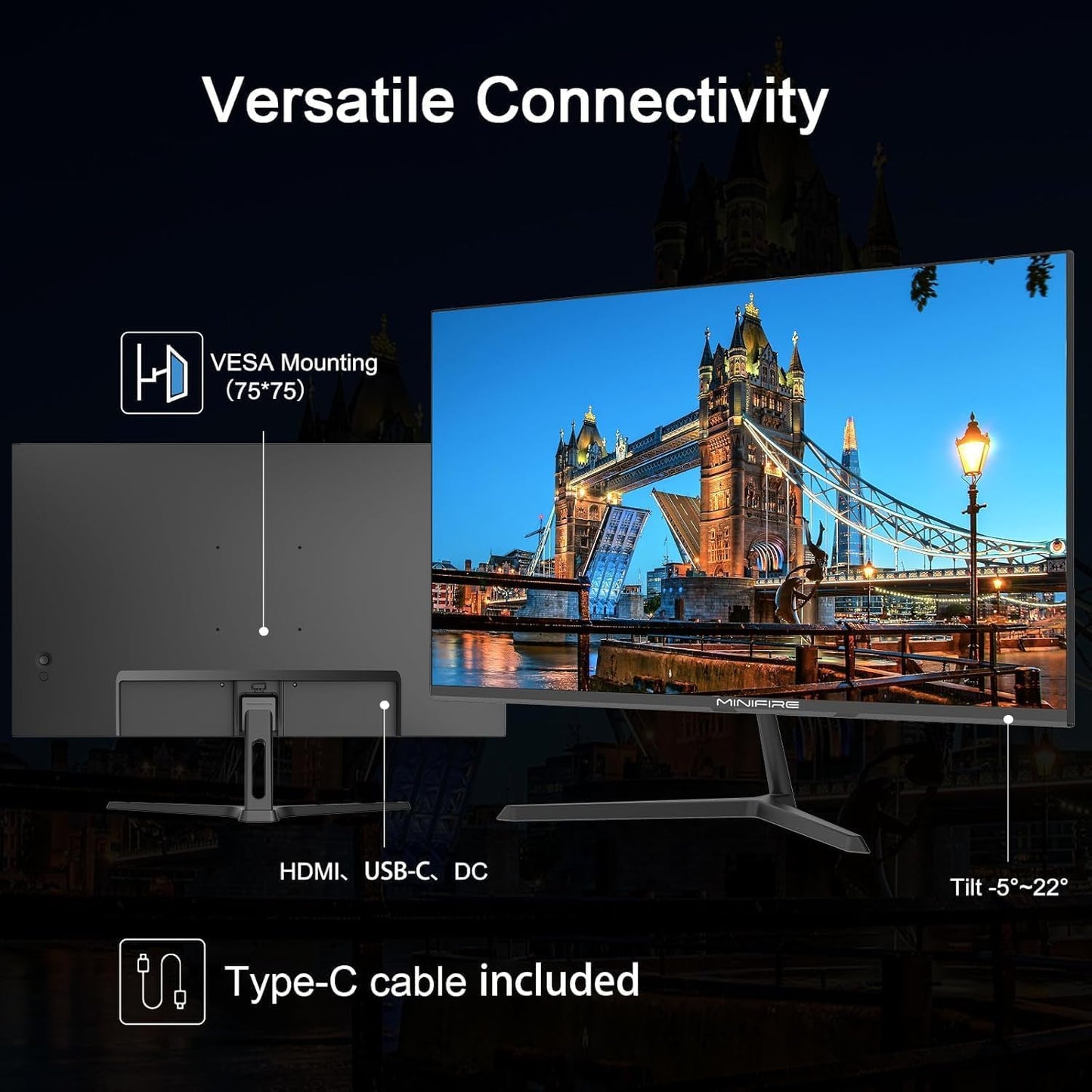 Minifire Curved Monitor 27 Inch 100Hz, PC Screen with Speaker -1500R FHD (1920 x 1080p) VA Panel, MPRT 1ms, sRGB110%, Less Blue Light, HDMI 1.4, Type-C 2.5W, Supports VESA - Black