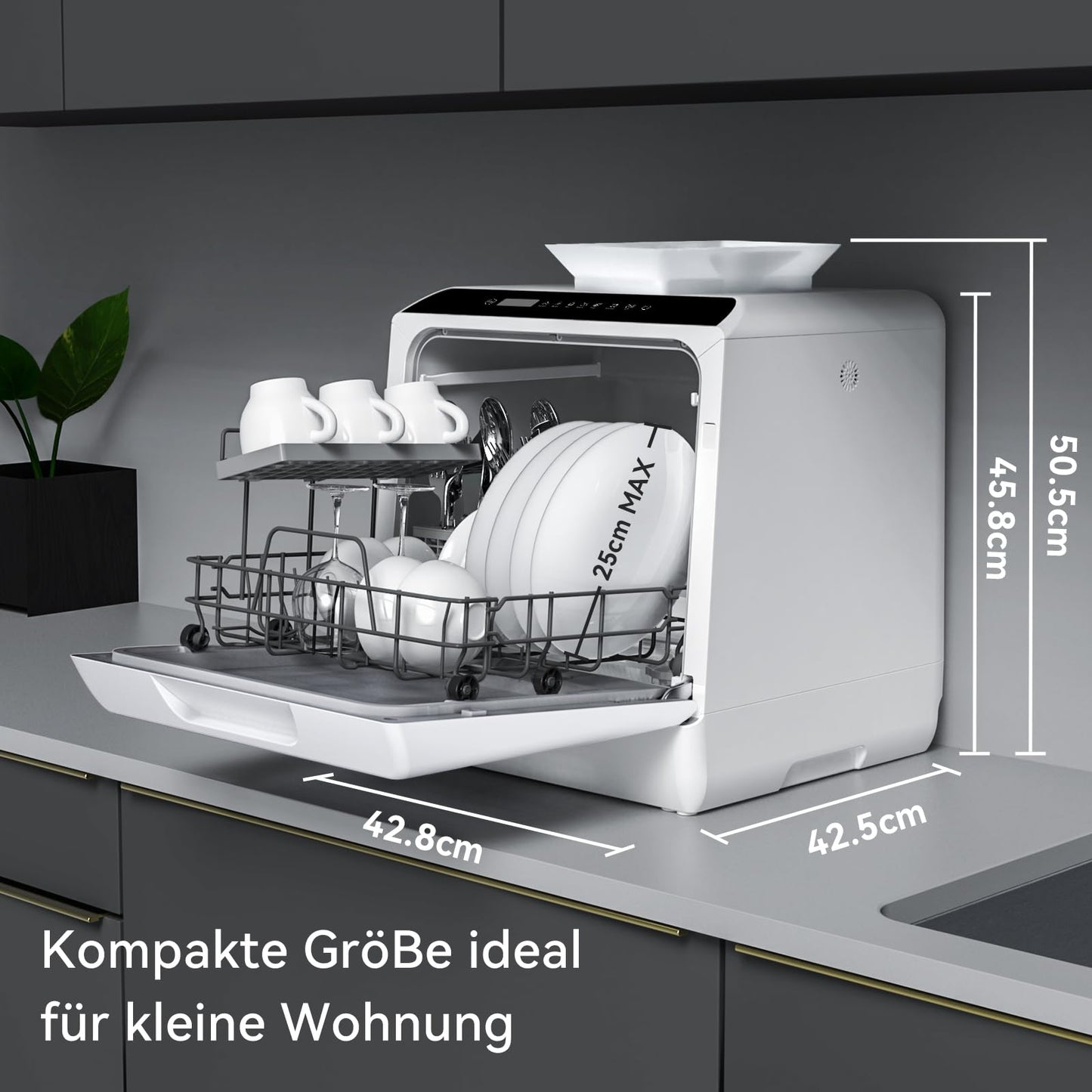 Hermitlux Tischgeschirrspüler, mini spülmaschine mit 7+3 Programme, 5 Maßgedecken, 5L Wassertank, Startverzögerung und Kindersicherung