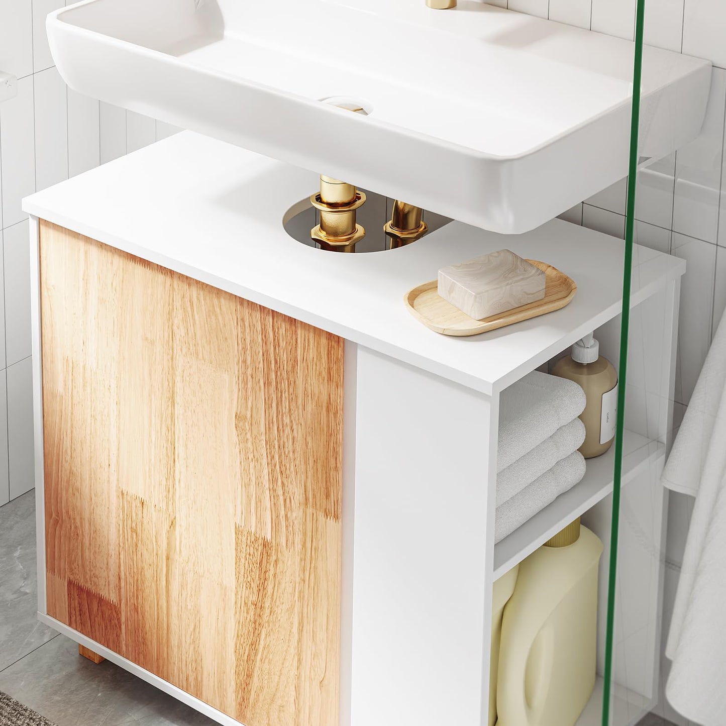 SoBuy BZR75-W Vanity Unit Bathroom Furniture - Bathroom Cabinet with Siphon Cut-Out, 2 Doors & 2 Open Compartments - Space-Saving Vanity Unit, White / Natural 60 x 60 x 29 cm