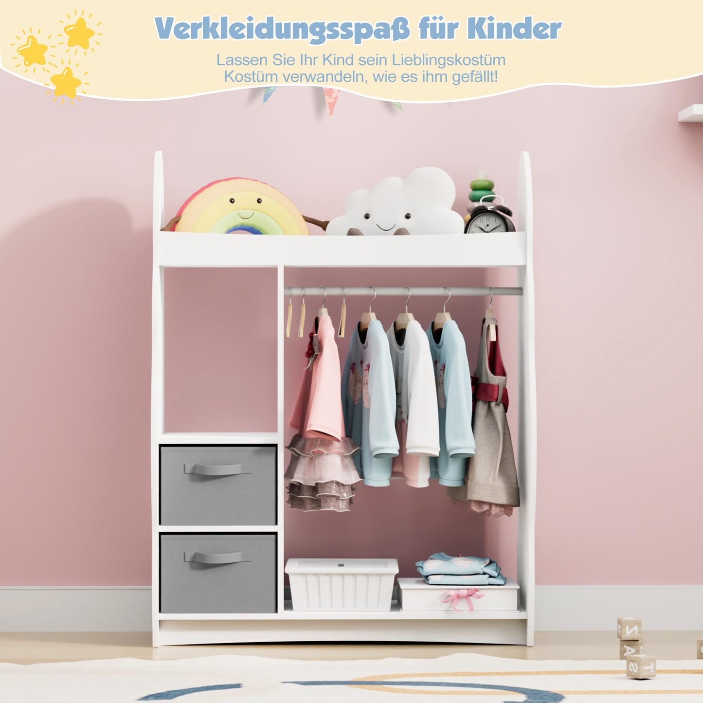 Children's Clothes Rack with Mirror, Clothes Rail with Shelves, Children's Wardrobe Wood, Children's Shelf for Children's Room, 81 x 28 x 106.5 cm (Clouds with 2 Drawers, White)