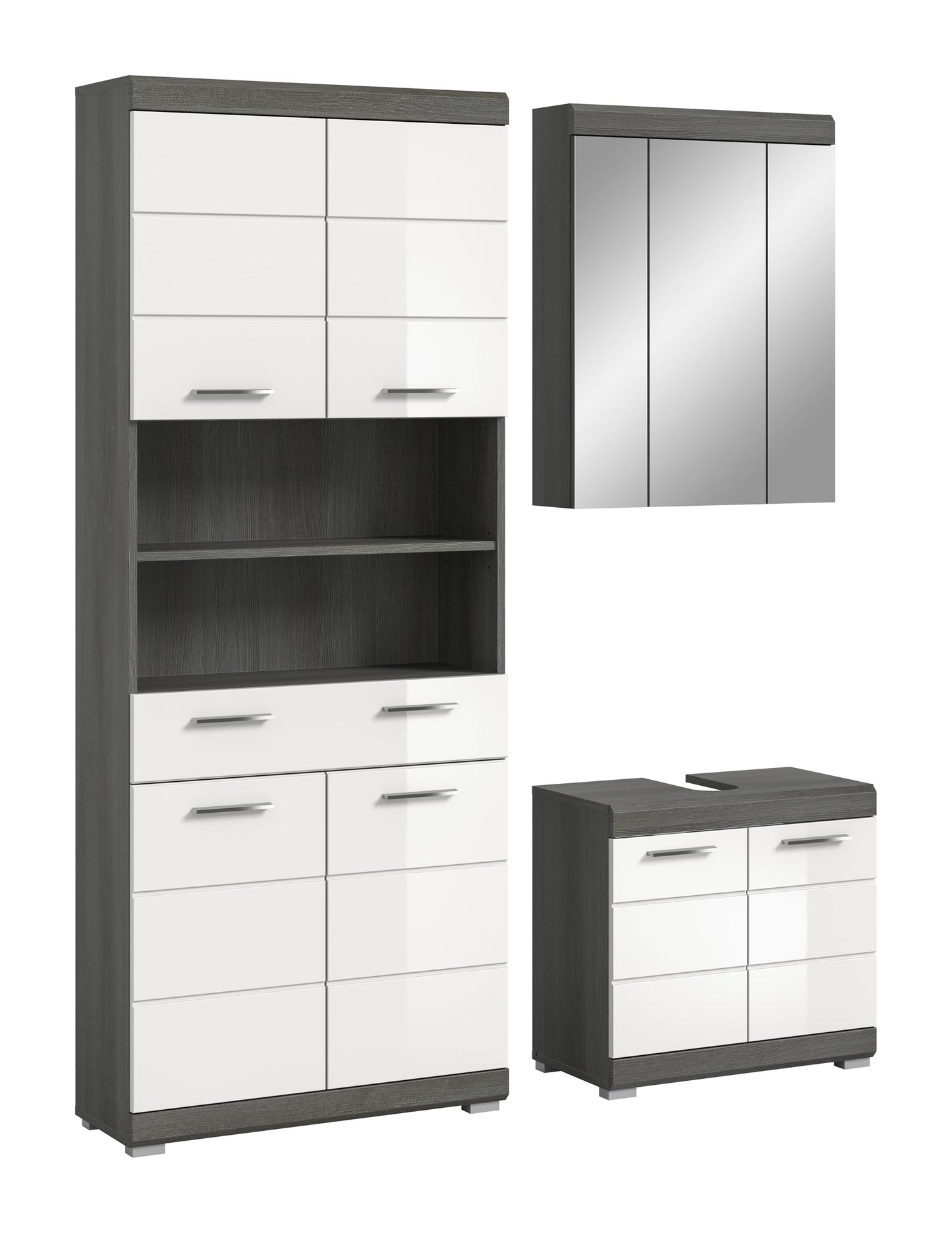 Badezimmer Scout X06B2723 Wall-Mounted Cupboard Wide Cabinet in Front White High Gloss Body Smoke Silver Nb. Approx. 74 x 79 x 24 cm