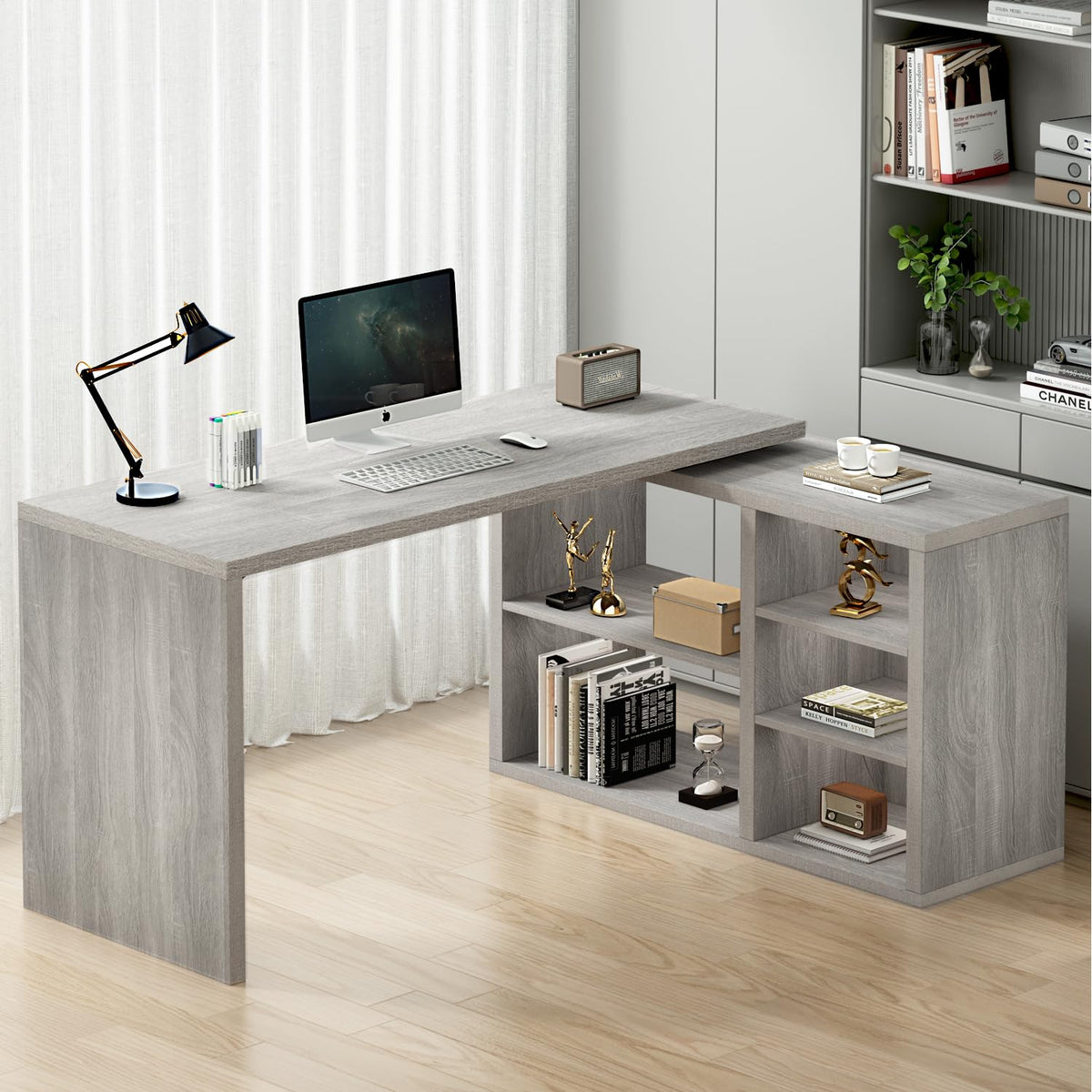 HSH Desk L Shape with Storage Space Corner Desk for Home Office Industrial Computer Desk Office Table Wood Design PC Table for Office Study Vintage Grey 140 cm