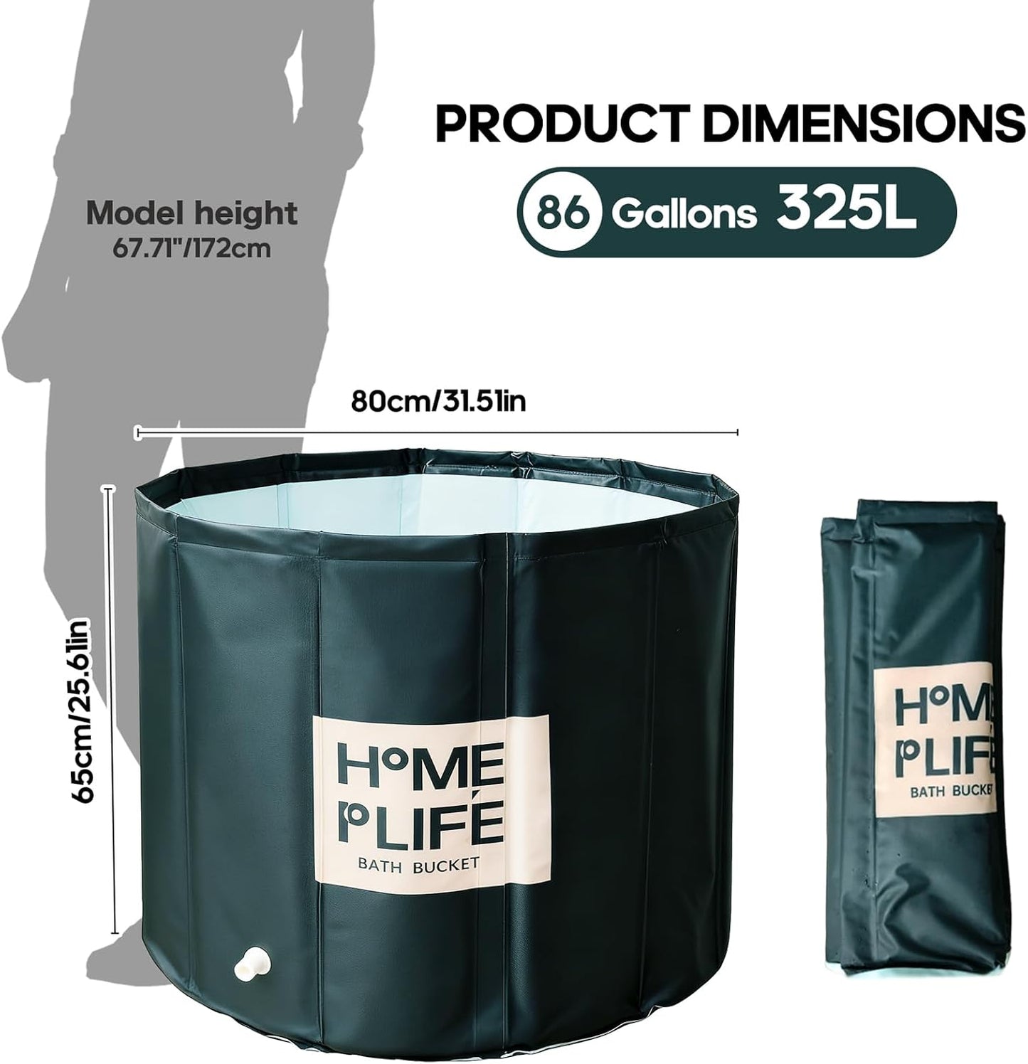 Foldable Bathtub for Shower, Freestanding Bathtub for Hot Bath and Ice Bath, Ice Bath for Adults (80 x 65 cm)