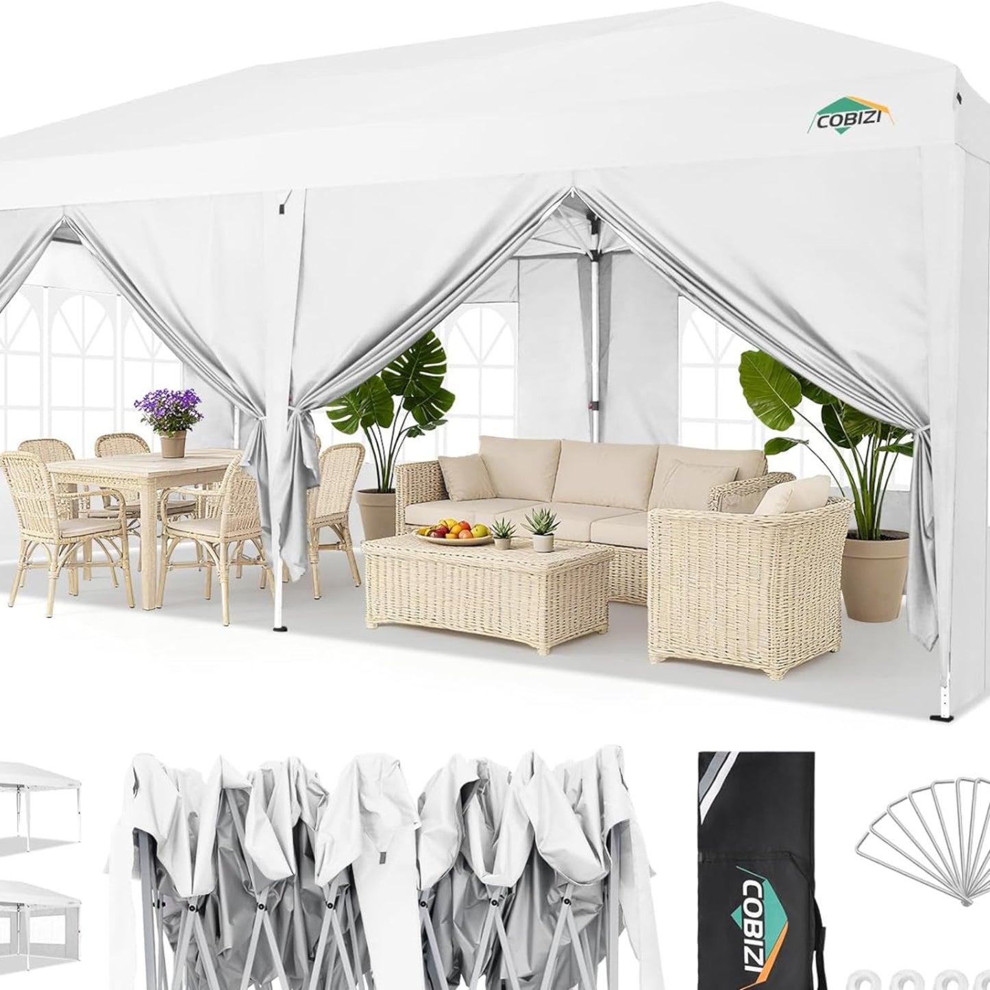 COBIZI Gazebo 3 x 6 Folding Gazebo Waterproof Stable Winterproof Foldable Party Tent with 6 Side Panels Pop Up Garden Gazebo UV Protection 50+ Height Adjustable for Beach Wedding Camping White