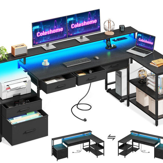 Coleshome L Shape Desk with Drawers, 195 x 100 cm Gaming Table with Socket, LED & Monitor Stand, Reversible Corner Desk with Storage Space, Computer Desk with Shelf for Office, Black