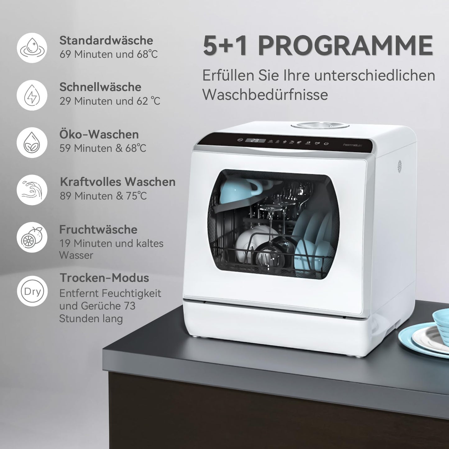 Hermitlux Tischgeschirrspüler, mini spülmaschine mit 7+3 Programme, 5 Maßgedecken, 5L Wassertank, Startverzögerung und Kindersicherung