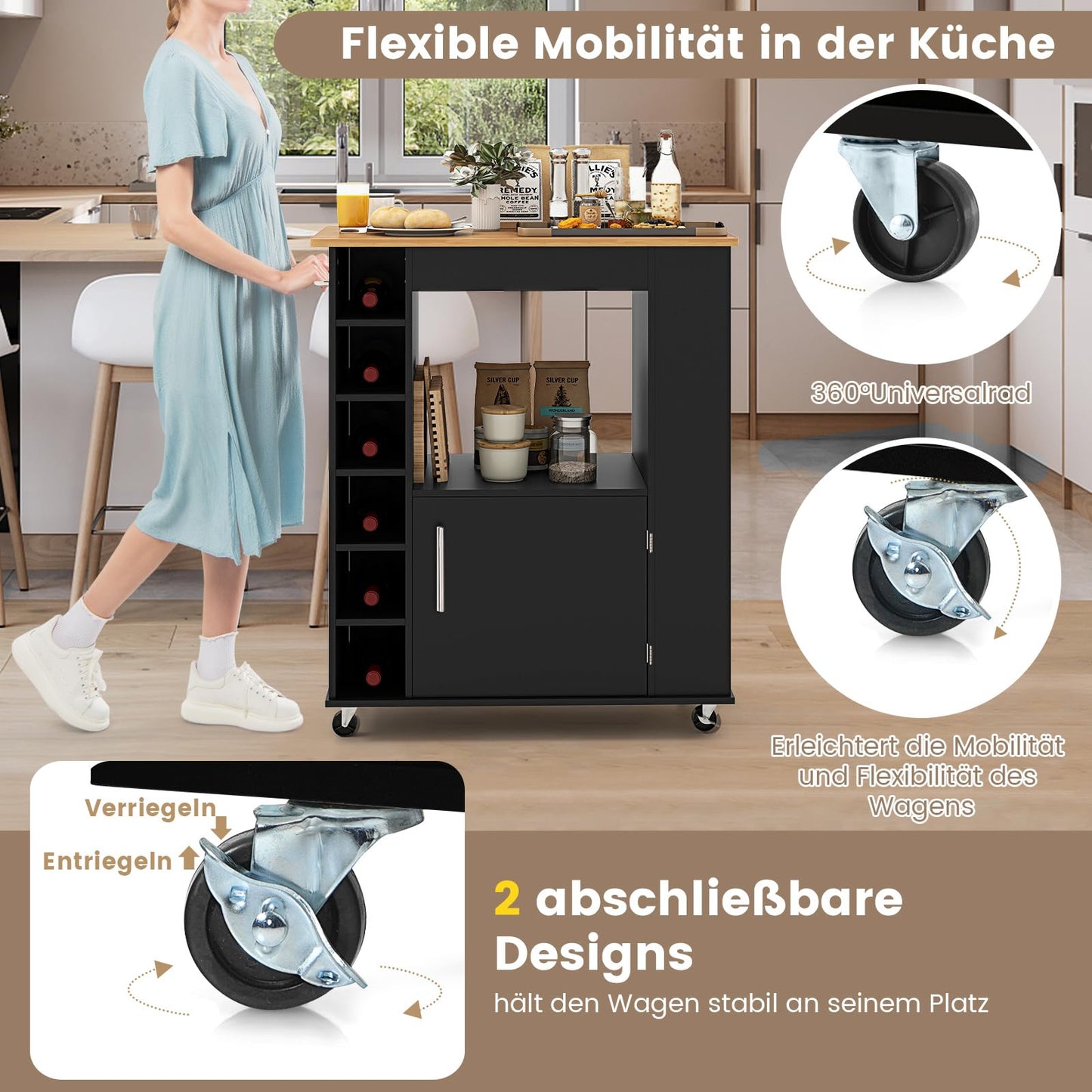 COSTWAY Kitchen Trolley on Wheels, Serving Trolley with Worktop & Towel Holder & Spice Racks, Wine Rack for 6 Bottles, Kitchen Island Wood, Kitchen Cabinet Rollable, for Kitchen, Dining Room, Bar
