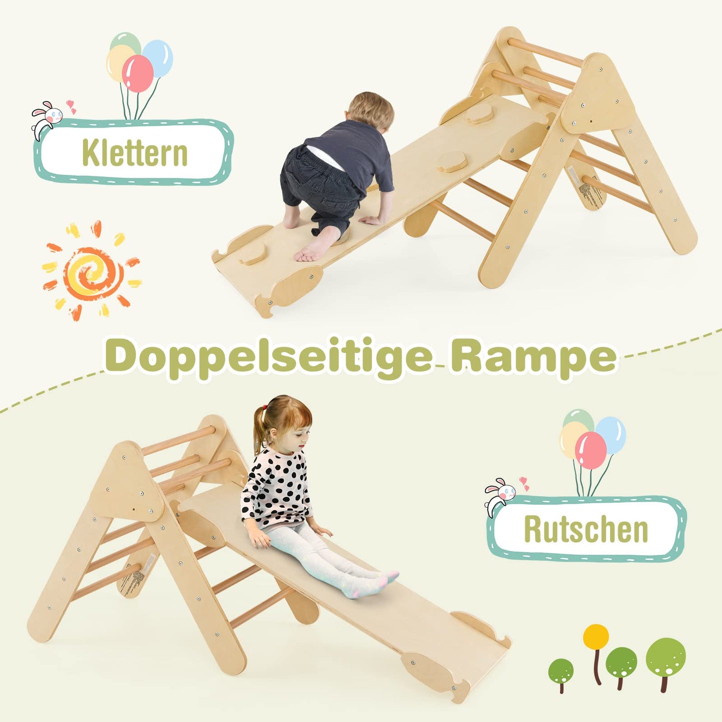 COSTWAY Kletterdreieck mit Rutsche, Kletterbogen, inkl. doppelseitige Rampe, zum Klettern, Rutschen und Wippen, 4 in 1 Klettergerüst Indoor ab 1 Jahr (Macaron bunt)