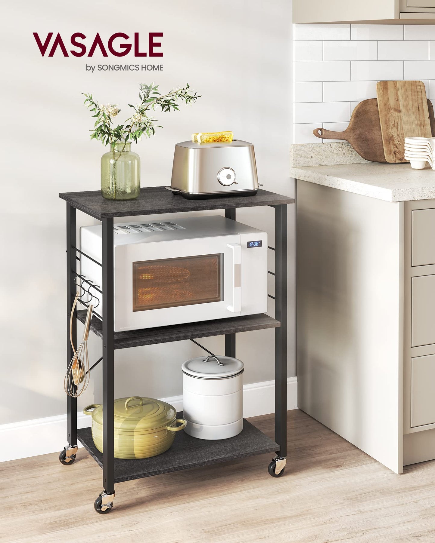 VASAGLE KKS60XV1 Kitchen Rack on Wheels Serving Trolley 3 Tier Kitchen Trolley Mini Oven Microwave Metal Frame 6 Hooks 40 x 60 x 89 cm Vintage Brown Ink Black