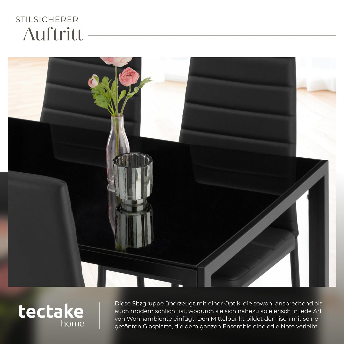 tectake Dining Set Table and Chairs, Dining Table and 4 x Chairs, Durable Faux Leather, Safety Glass Table Top, Modern Kitchen Chairs - Black